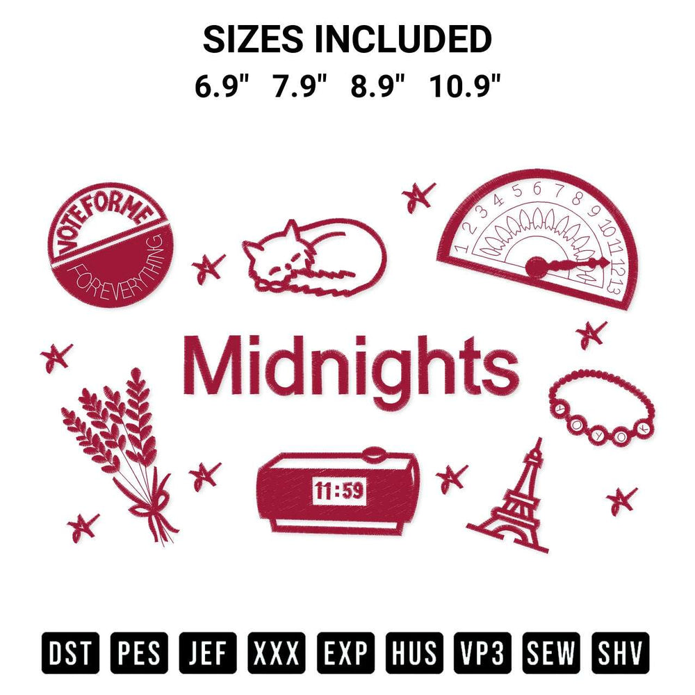Get the Midnights Album Embroidery Design embroidery design for your custom crafts! Premium digitized files available for instant download at Designspacks.com. Available sizes: 6.9", 7.9", 8.9", 10.9".