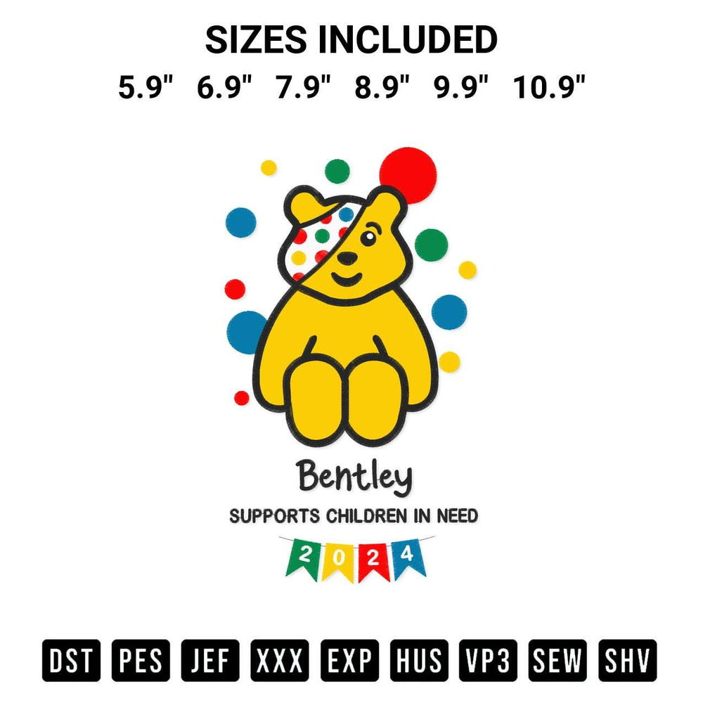 Discover the perfect addition to your crafting collection: Pudsey Children In Need 2024 Embroidery Design embroidery file. Instantly available at Designspacks.com. Available sizes: 5.9", 6.9", 7.9", 8.9", 9.9", 10.9".