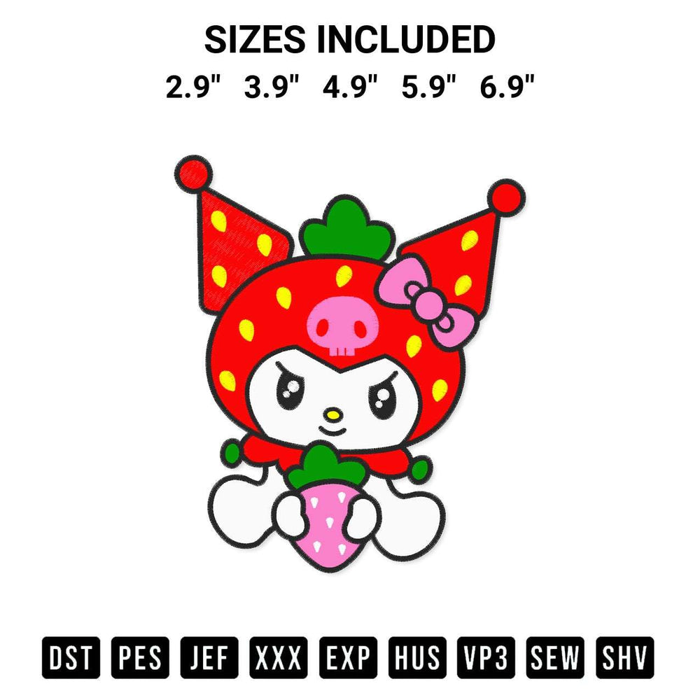 Create amazing crafts with the Kuromi Strawberry Embroidery Design embroidery file. High-quality digital download from Designspacks.com, perfect for beginners and pros. Available sizes: 2.9", 3.9", 4.9", 5.9", 6.9".