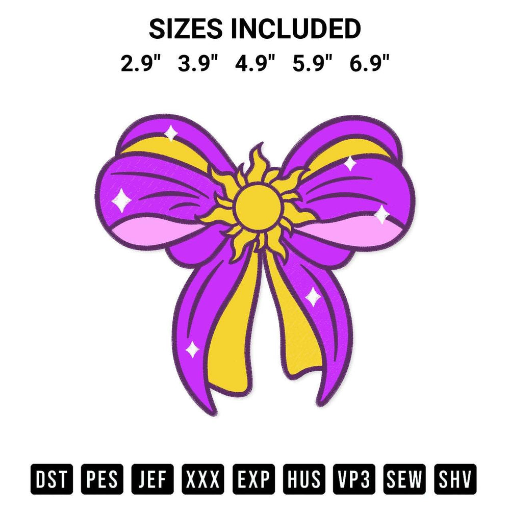 Get the Princess Rapunzel Bow Embroidery Design embroidery design for your custom crafts! Premium digitized files available for instant download at Designspacks.com. Available sizes: 2.9", 3.9", 4.9", 5.9", 6.9".