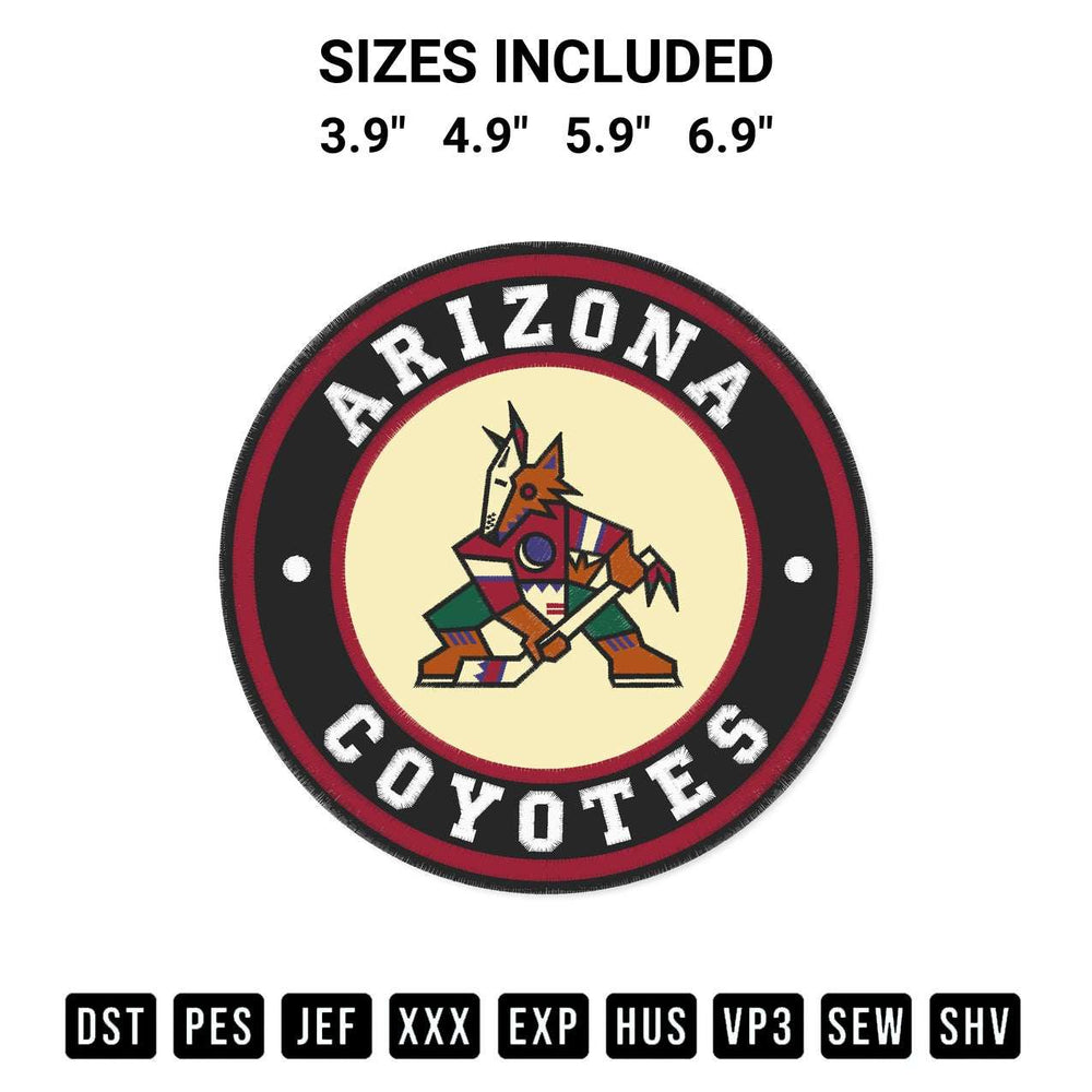 Download the Arizona Coyotes Circle Logo Embroidery Design machine embroidery design exclusively at Designspacks.com. Premium digitized pattern for apparel and DIY crafts. Available sizes: 3.9", 4.9", 5.9", 6.9".