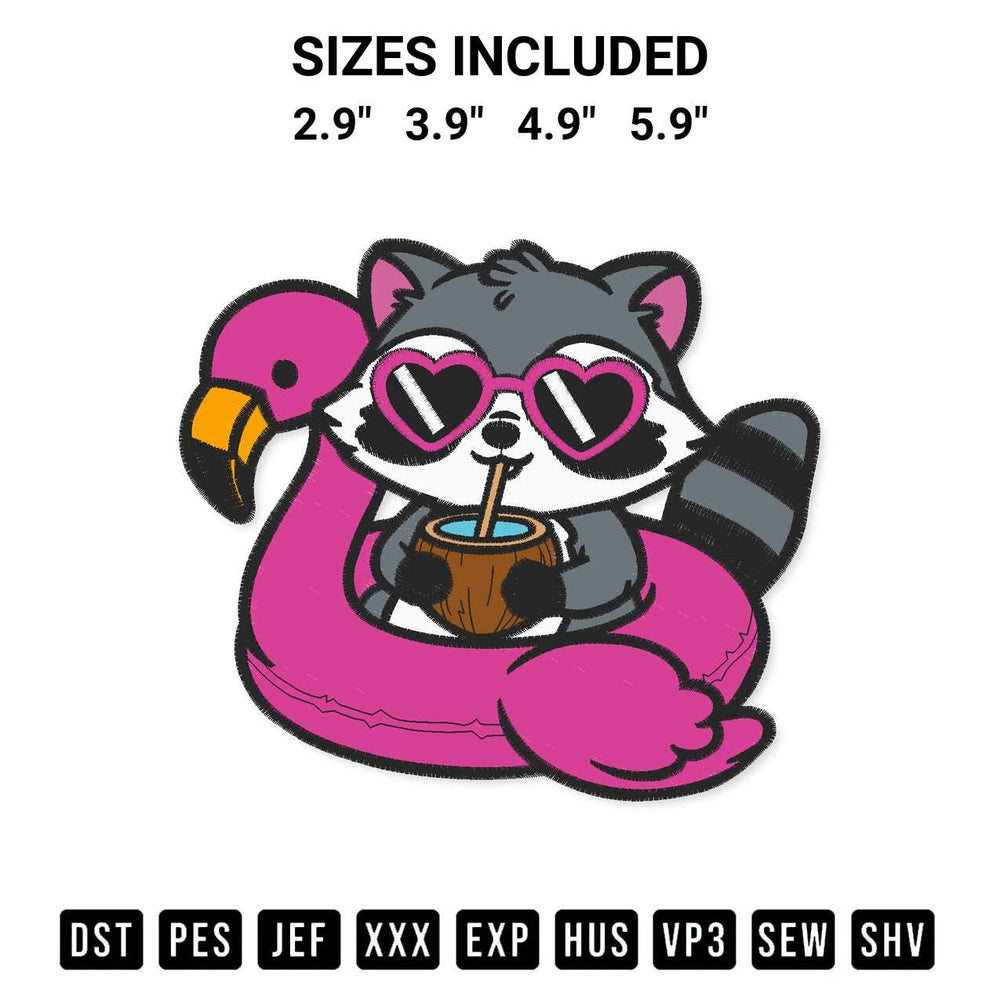 Download the Raccoon On Flamingo Float Embroidery Design machine embroidery design exclusively at Designspacks.com. Premium digitized pattern for apparel and DIY crafts. Available sizes: 2.9", 3.9", 4.9", 5.9".