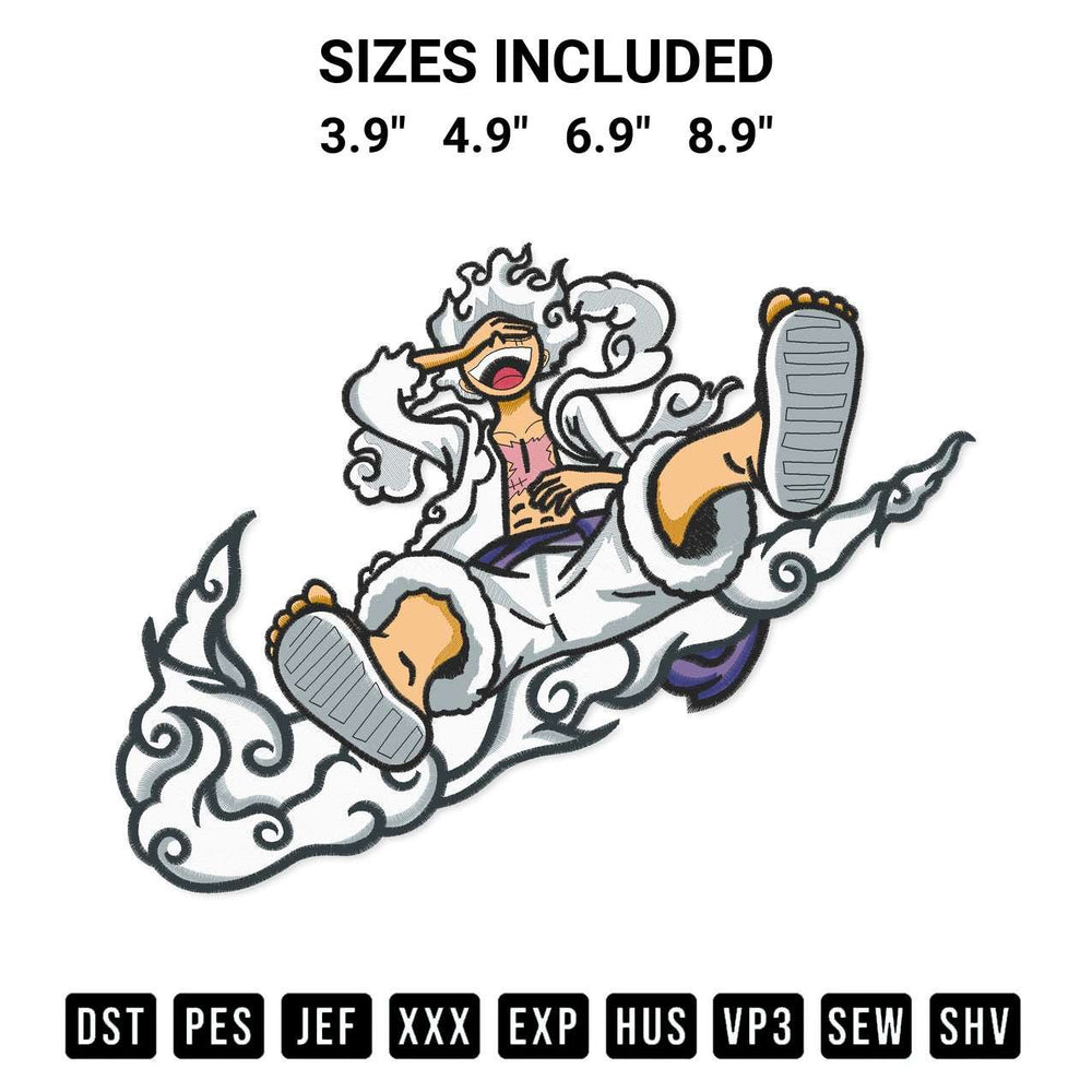 Looking for the perfect pattern? Download the Swoosh Luffy Gear 5 Embroidery Design embroidery design today at Designspacks.com. Crisp, clean stitching guaranteed. Available sizes: 3.9", 4.9", 6.9", 8.9".