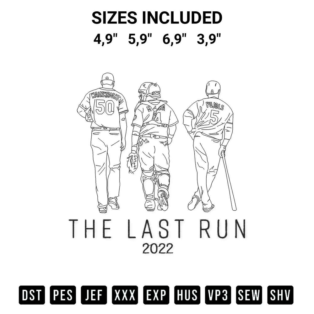 Elevate your next project with our The Last Run 2022 St. Louis Cardinals Wainwright Molina And Pujols Puaihd Logo Embroidery Design embroidery file. Shop high-quality digital patterns instantly at Designspacks.com. Available sizes: 4,9", 5,9", 6,9", 3,9".
