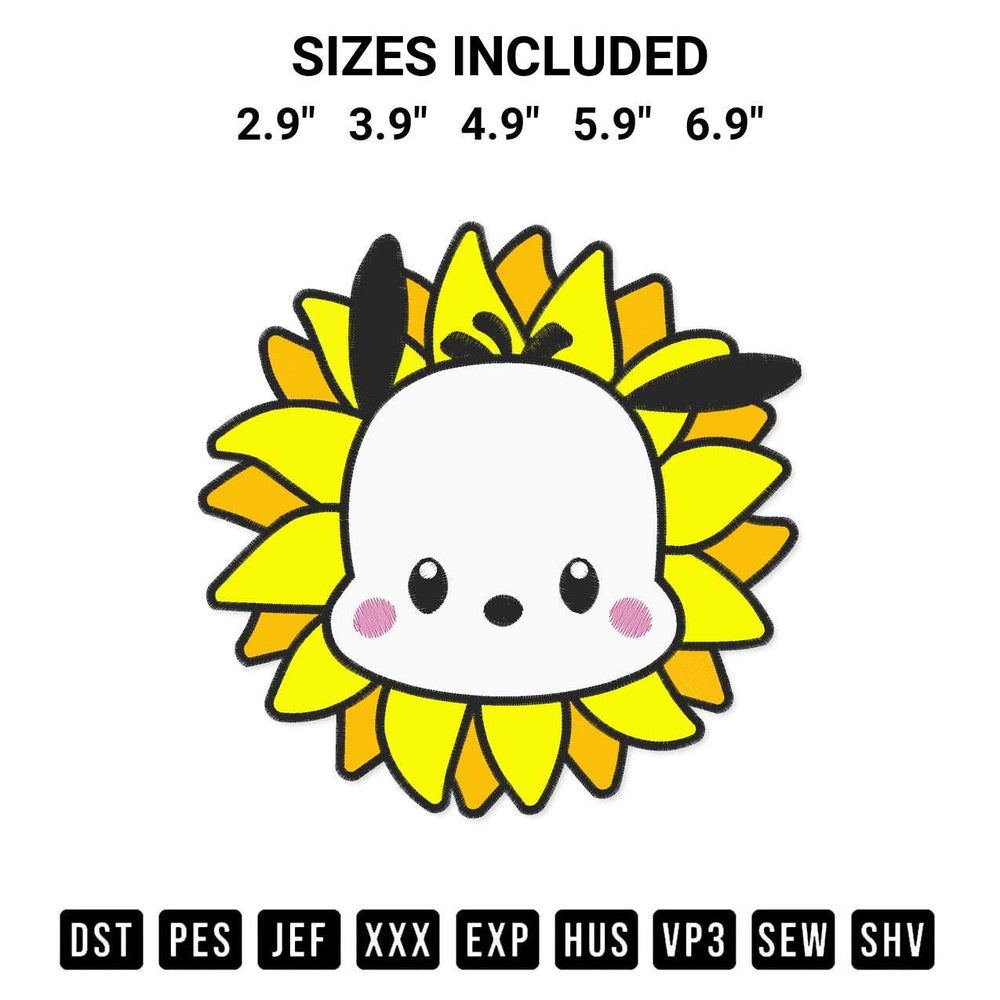 Discover the perfect addition to your crafting collection: Pochacco Sunflower Embroidery Design embroidery file. Instantly available at Designspacks.com. Available sizes: 2.9", 3.9", 4.9", 5.9", 6.9".