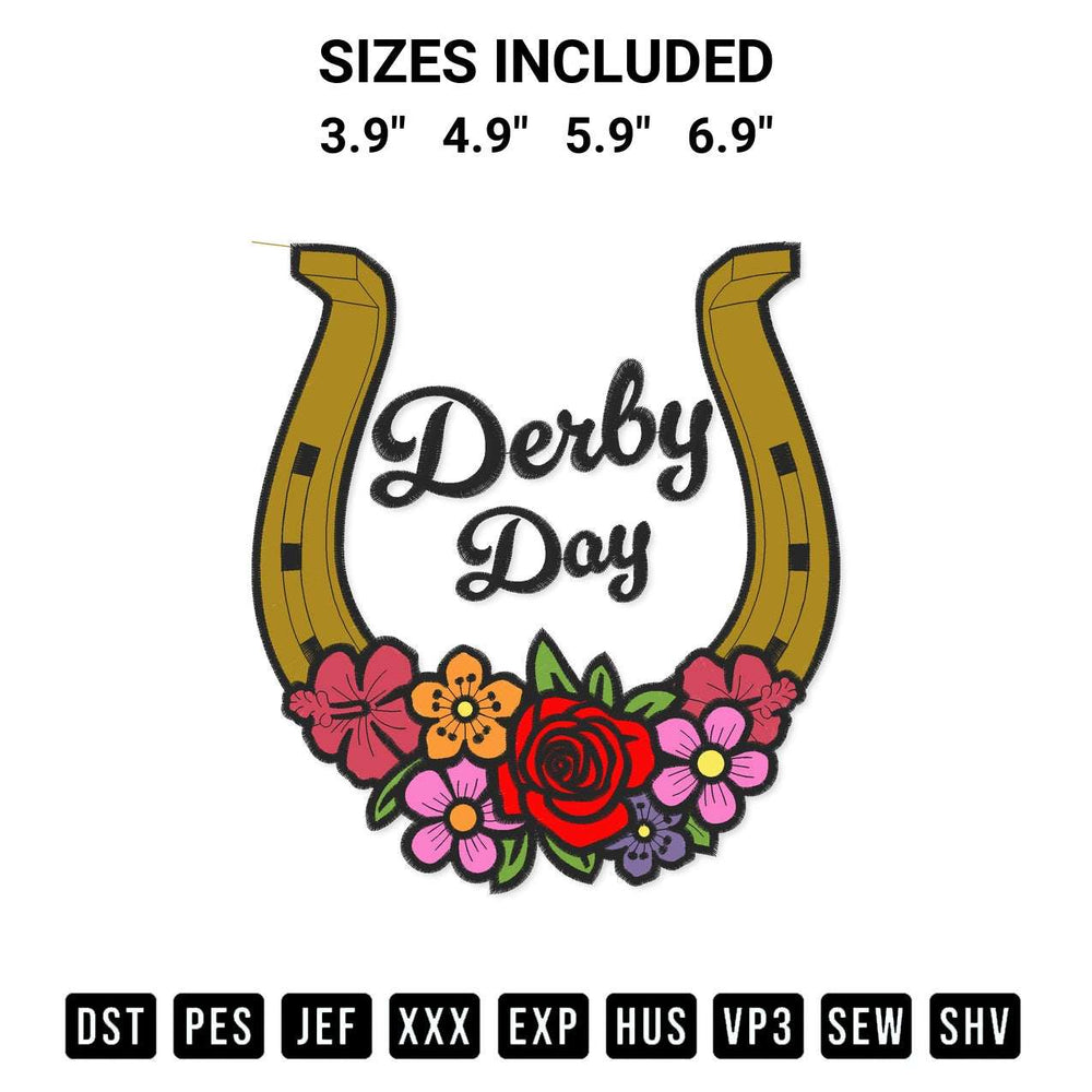 Get the Derby Day Embroidery Design embroidery design for your custom crafts! Premium digitized files available for instant download at Designspacks.com. Available sizes: 3.9", 4.9", 5.9", 6.9".