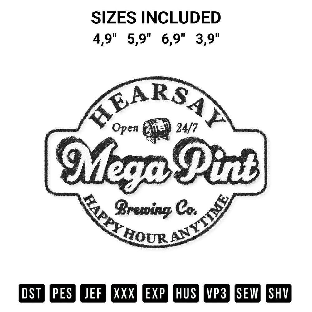 Transform your fabrics with the Funny Johnny Depp Hearsay Mega Pint Brewing Co Happy Hour Anytime Logo Embroidery Design embroidery design. Instant access to premium digitized patterns at Designspacks.com. Available sizes: 4,9", 5,9", 6,9", 3,9".