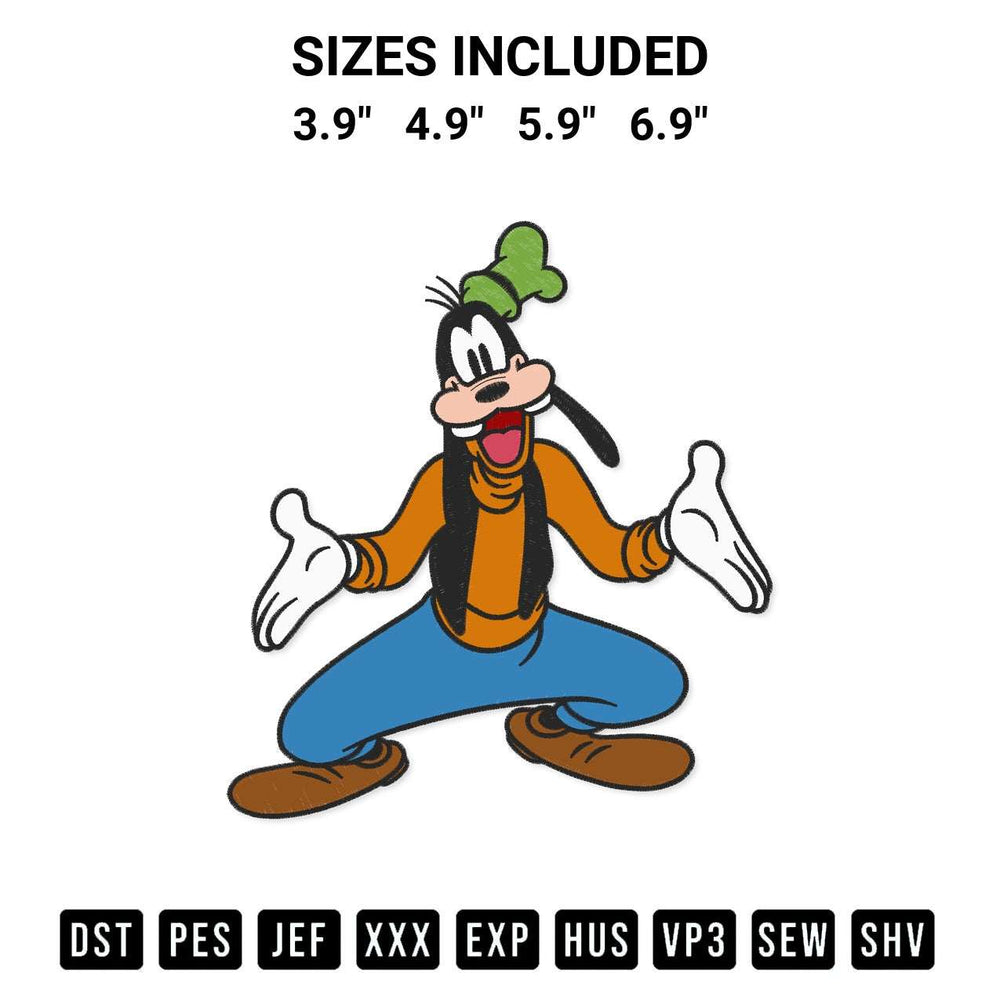 Transform your fabrics with the Goofy Embroidery Design embroidery design. Instant access to premium digitized patterns at Designspacks.com. Available sizes: 3.9", 4.9", 5.9", 6.9".