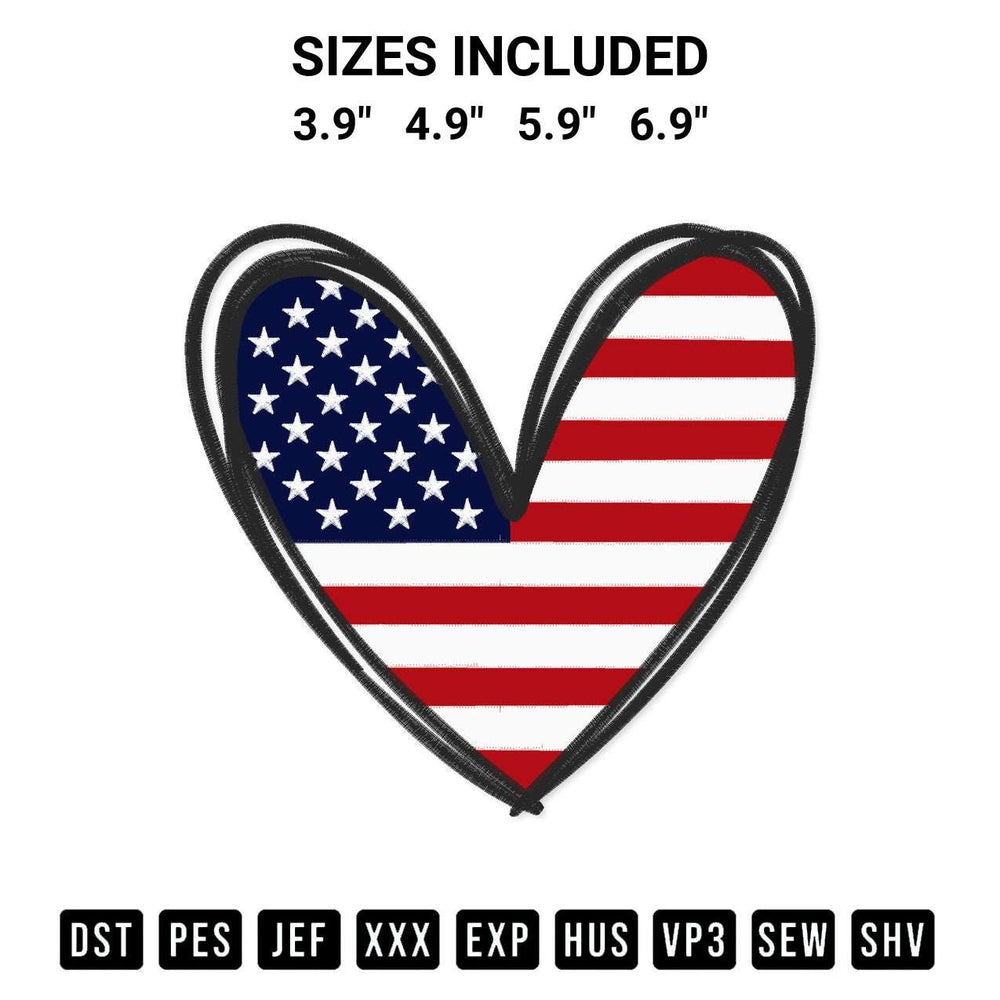 Create amazing crafts with the American Flag Heart Embroidery Design embroidery file. High-quality digital download from Designspacks.com, perfect for beginners and pros. Available sizes: 3.9", 4.9", 5.9", 6.9".