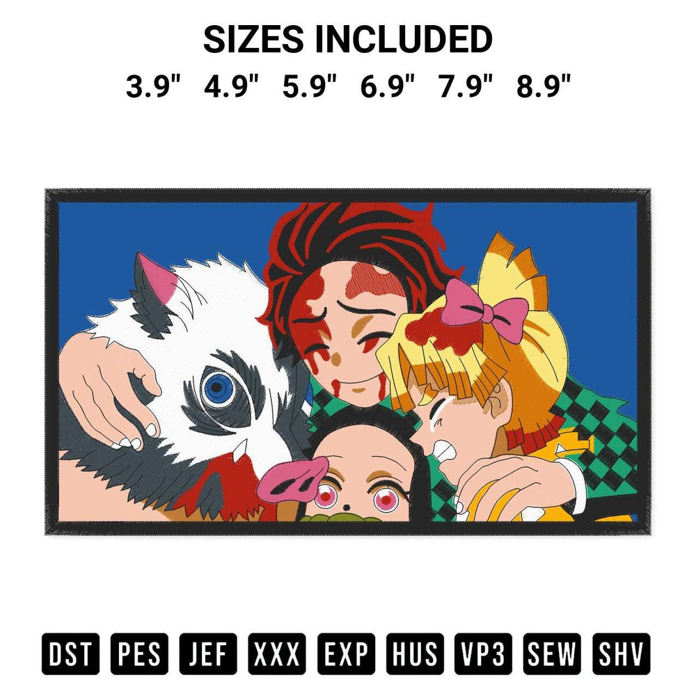 Discover the perfect addition to your crafting collection: Demon Slayer Gang Embroidery Design embroidery file. Instantly available at Designspacks.com. Available sizes: 3.9", 4.9", 5.9", 6.9", 7.9", 8.9".