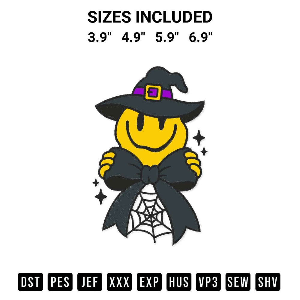 Elevate your next project with our Halloween Smiley Witch Coquette Embroidery Design embroidery file. Shop high-quality digital patterns instantly at Designspacks.com. Available sizes: 3.9", 4.9", 5.9", 6.9".