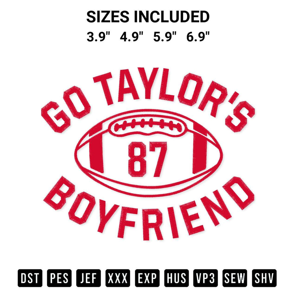 Transform your fabrics with the Go Taylors Boyfriend 87 Embroidery Design embroidery design. Instant access to premium digitized patterns at Designspacks.com. Available sizes: 3.9", 4.9", 5.9", 6.9".