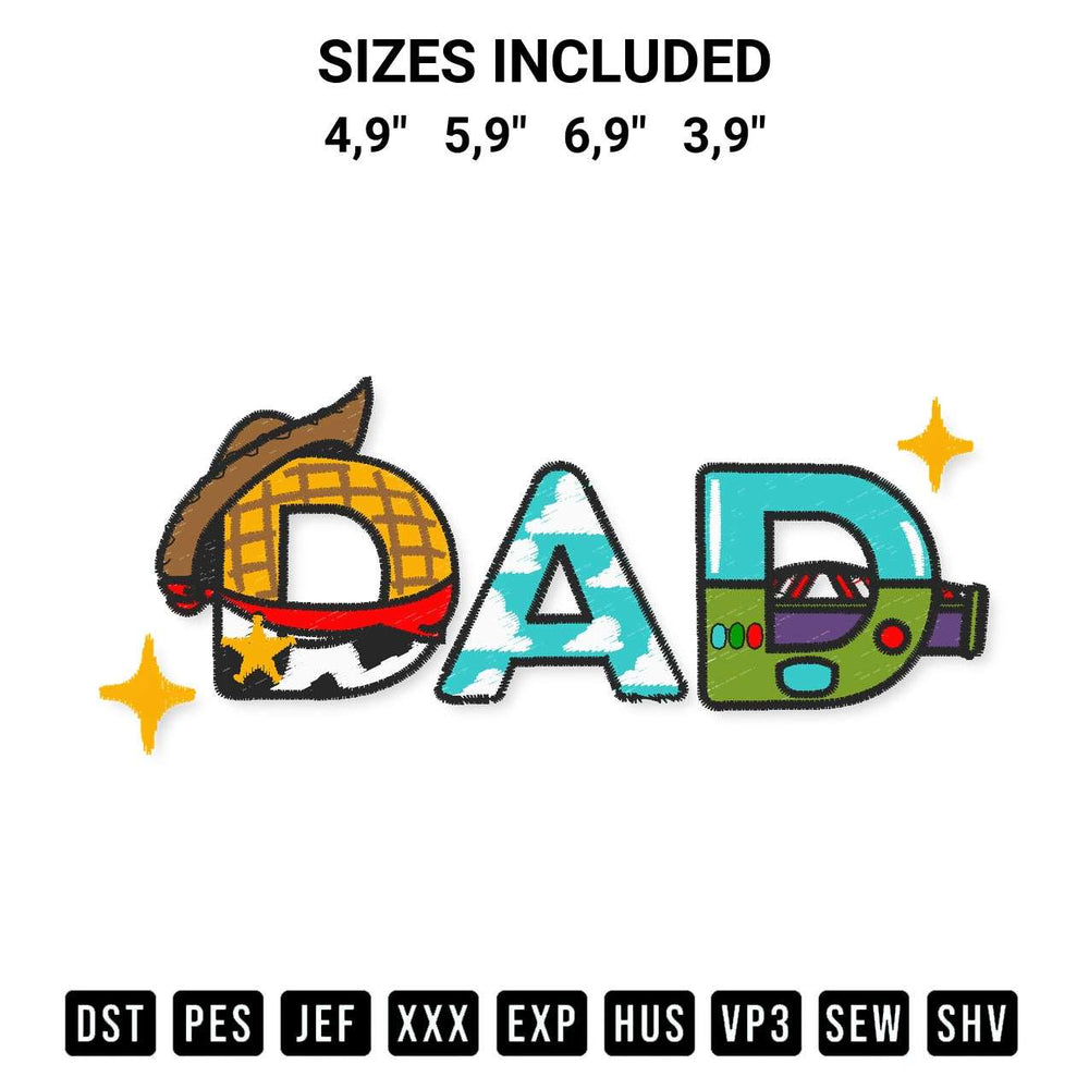 Shop the Dad Logo Embroidery Design machine embroidery pattern at Designspacks.com. Beautifully digitized for flawless stitching on any fabric. Available sizes: 4,9", 5,9", 6,9", 3,9".