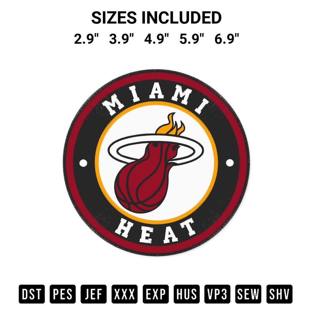Add a unique touch to your apparel with the Miami Heat Circle Basketball Embroidery Design embroidery file. Premium instant download available now on Designspacks.com. Available sizes: 2.9", 3.9", 4.9", 5.9", 6.9".