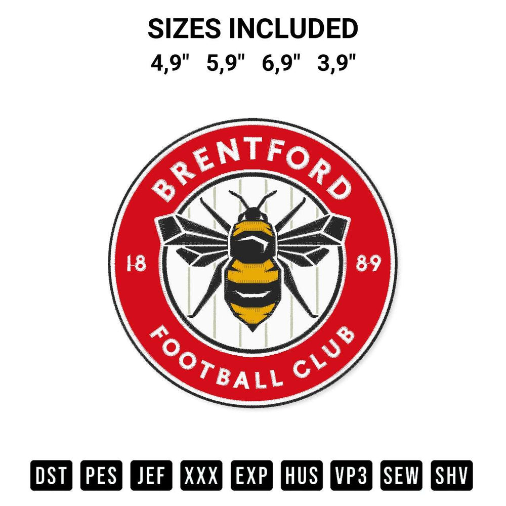 Shop the Brentford Football Club Logo Embroidery Design machine embroidery pattern at Designspacks.com. Beautifully digitized for flawless stitching on any fabric. Available sizes: 4,9", 5,9", 6,9", 3,9".