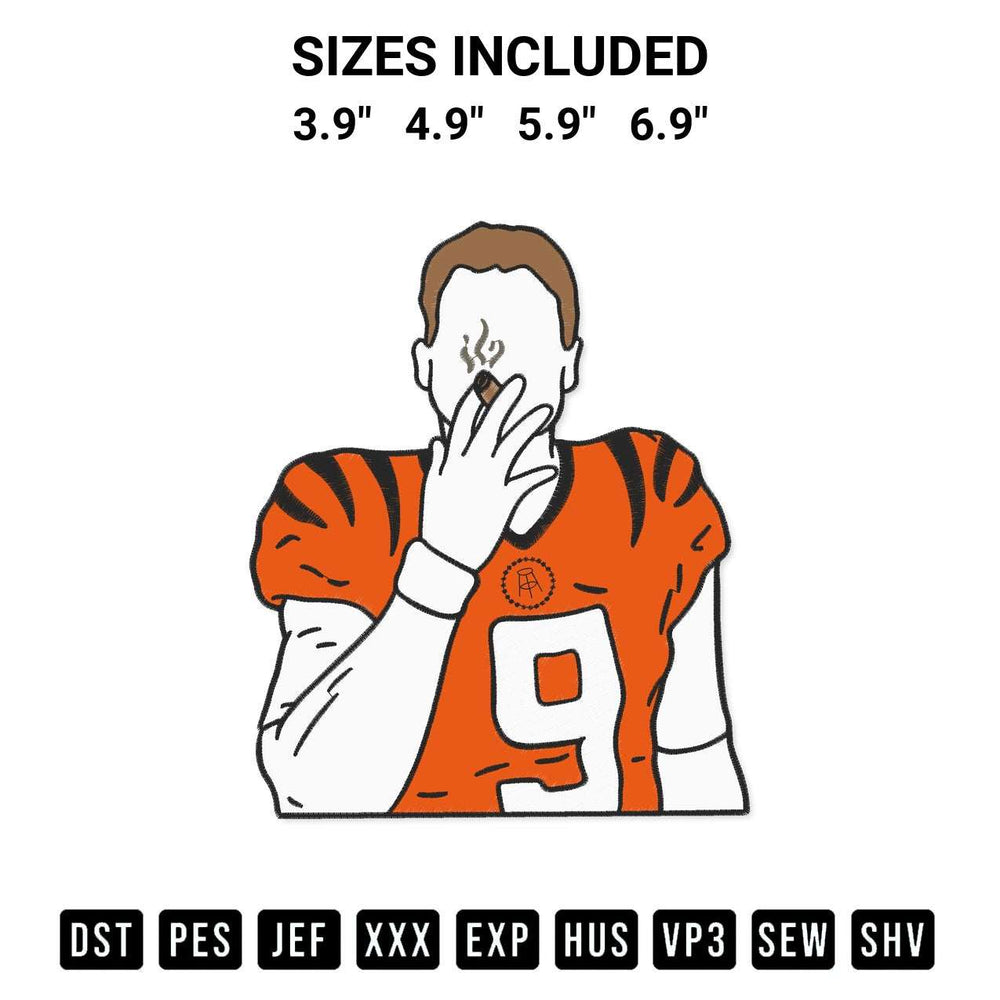 Shop the Joe Burrow Smoking Cigar Cincinnati Bengals Embroidery Design machine embroidery pattern at Designspacks.com. Beautifully digitized for flawless stitching on any fabric. Available sizes: 3.9", 4.9", 5.9", 6.9".