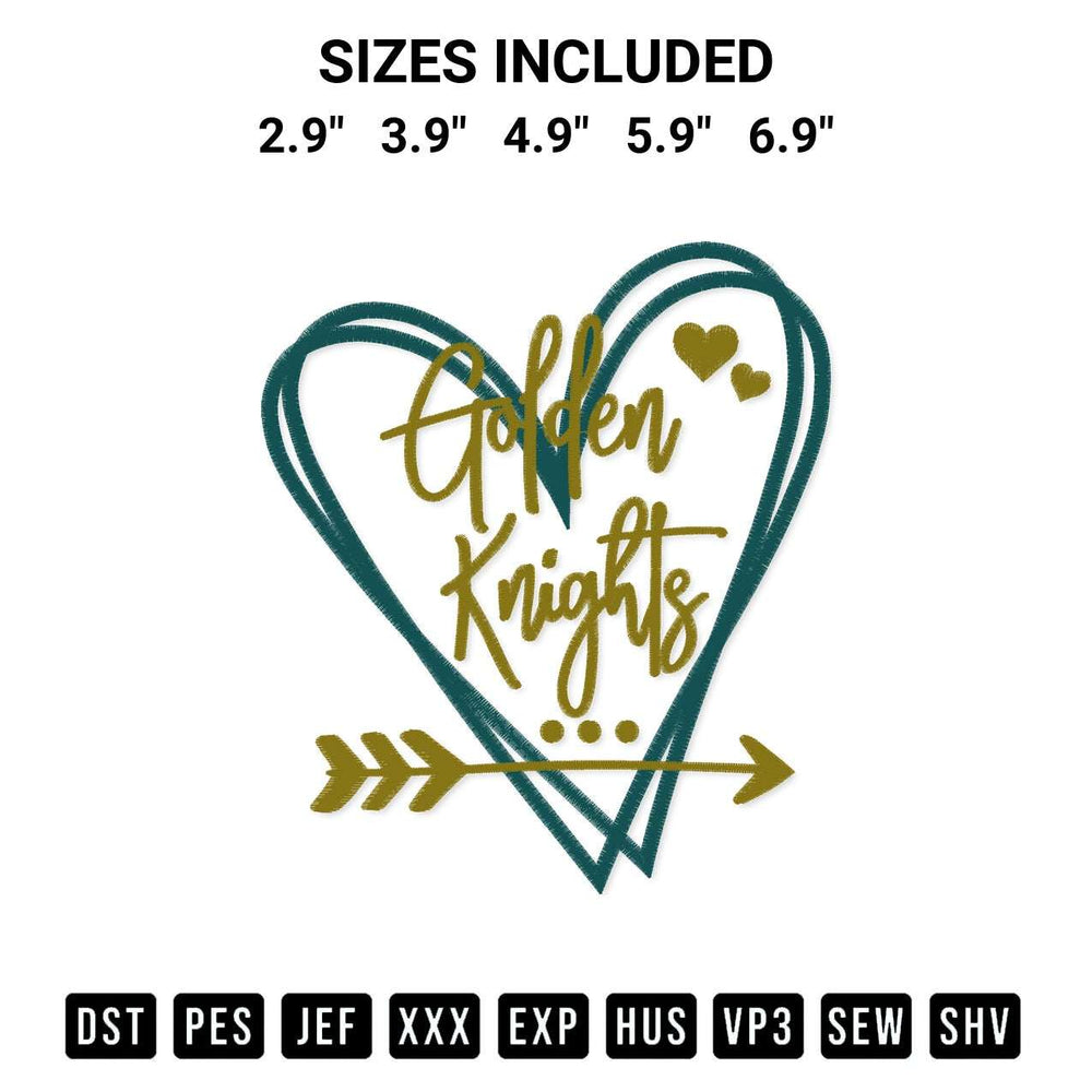 Add a unique touch to your apparel with the Vegas Golden Knights Heart Embroidery Design embroidery file. Premium instant download available now on Designspacks.com. Available sizes: 2.9", 3.9", 4.9", 5.9", 6.9".