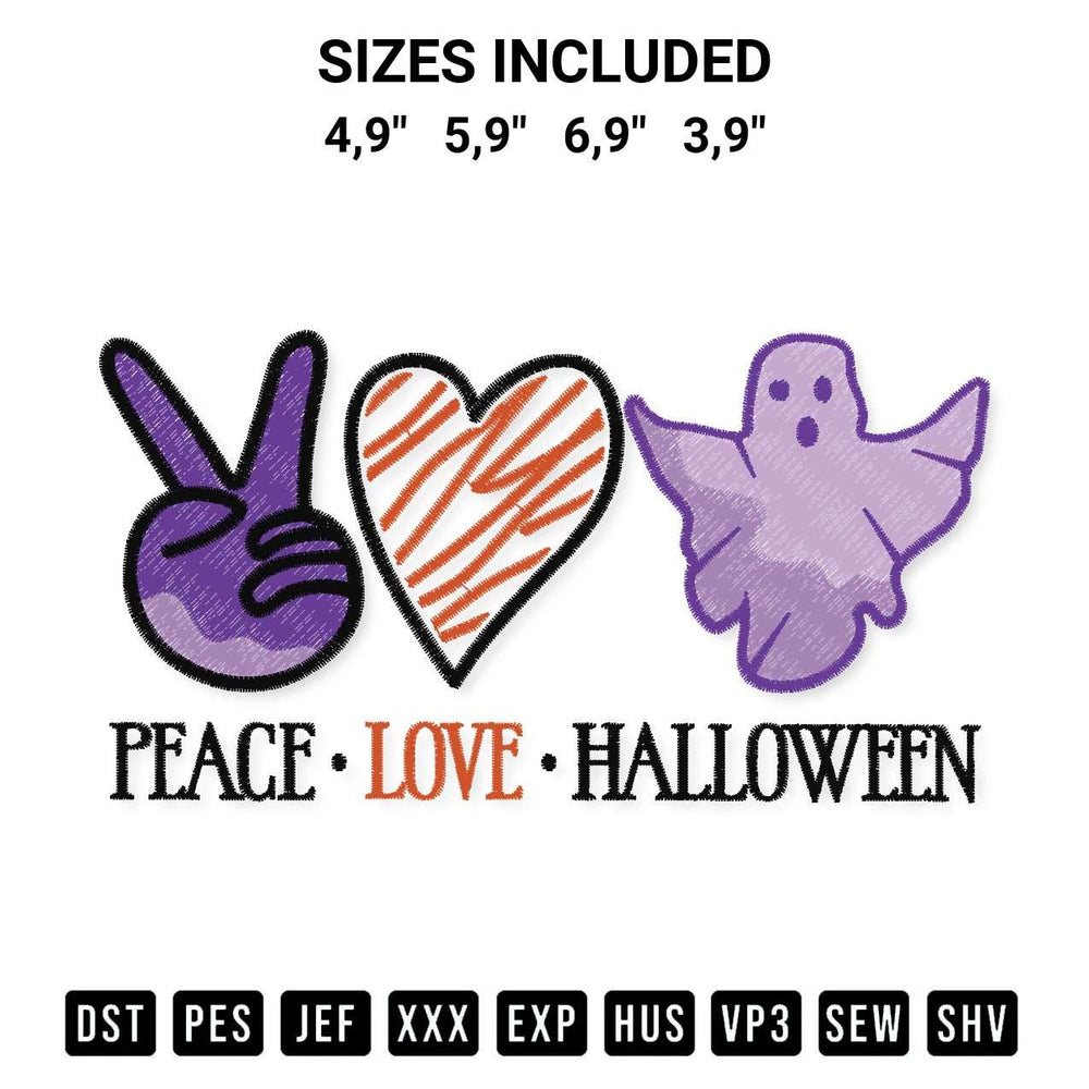 Add a unique touch to your apparel with the Peace Love Halloween Boo Ghost Funny Halloween Day Logo Embroidery Design embroidery file. Premium instant download available now on Designspacks.com. Available sizes: 4,9", 5,9", 6,9", 3,9".