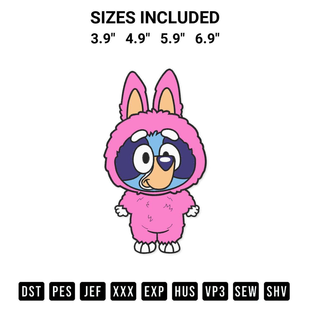 Create amazing crafts with the Bluey Labubu Embroidery Design embroidery file. High-quality digital download from Designspacks.com, perfect for beginners and pros. Available sizes: 3.9", 4.9", 5.9", 6.9".