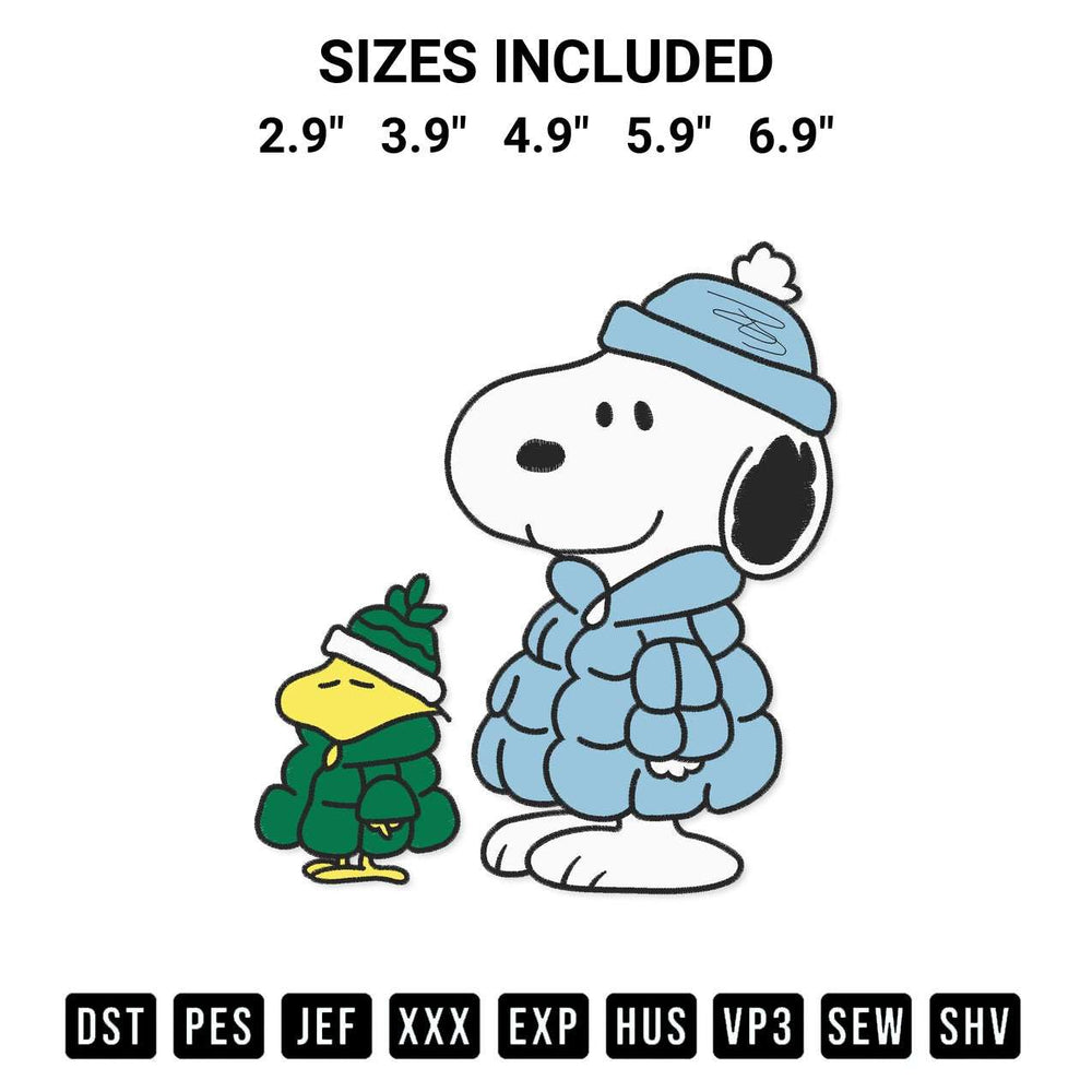 Stitch like a pro with the Snoopy And Woodstock In Winter Coats Embroidery Design embroidery pattern from Designspacks.com. High-quality digital machine embroidery file. Available sizes: 2.9", 3.9", 4.9", 5.9", 6.9".