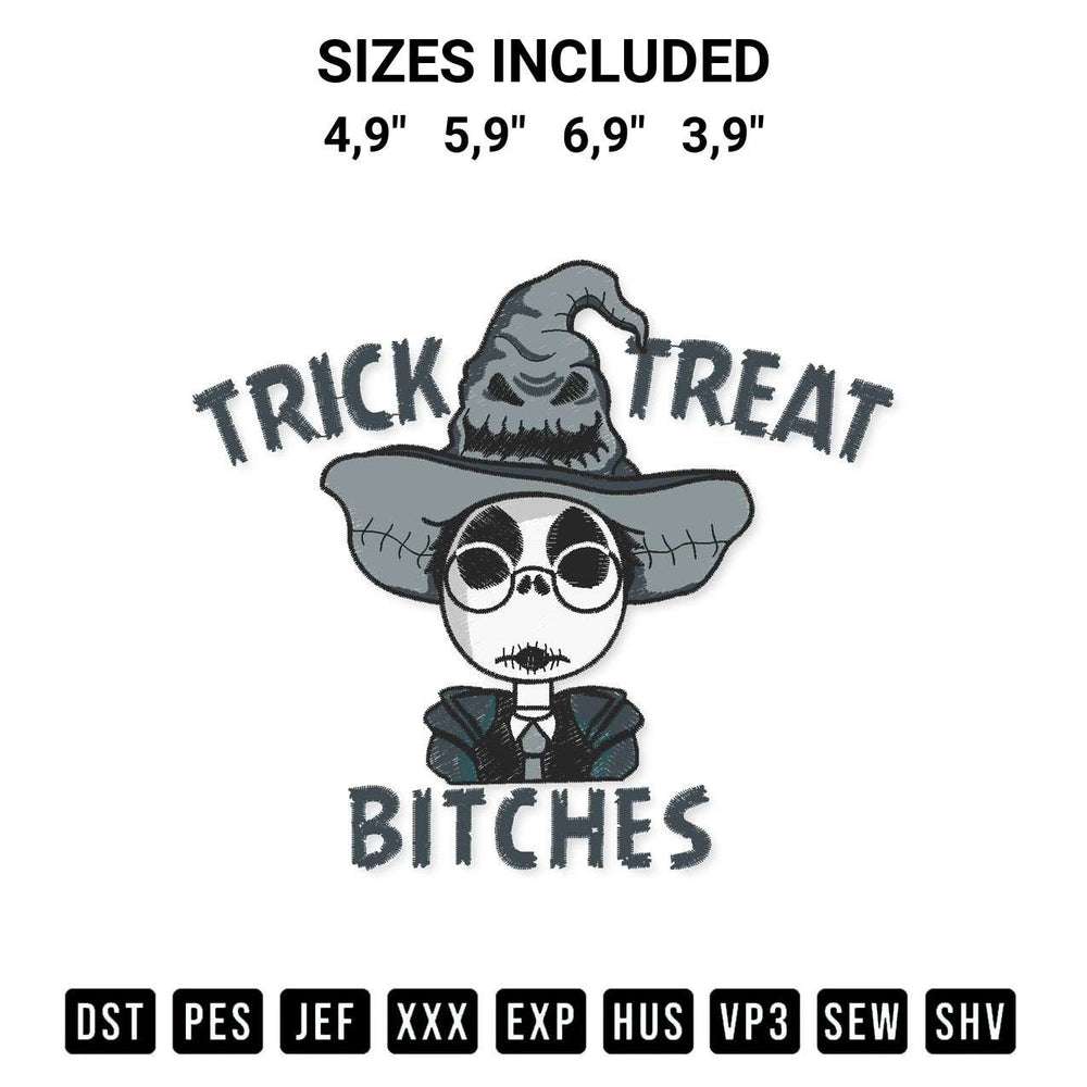 Create amazing crafts with the Trick Or Treat Bitches Funny Halloween Jack Skellington X Harry Potter Logo Embroidery Design embroidery file. High-quality digital download from Designspacks.com, perfect for beginners and pros. Available sizes: 4,9", 5,9", 6,9", 3,9".