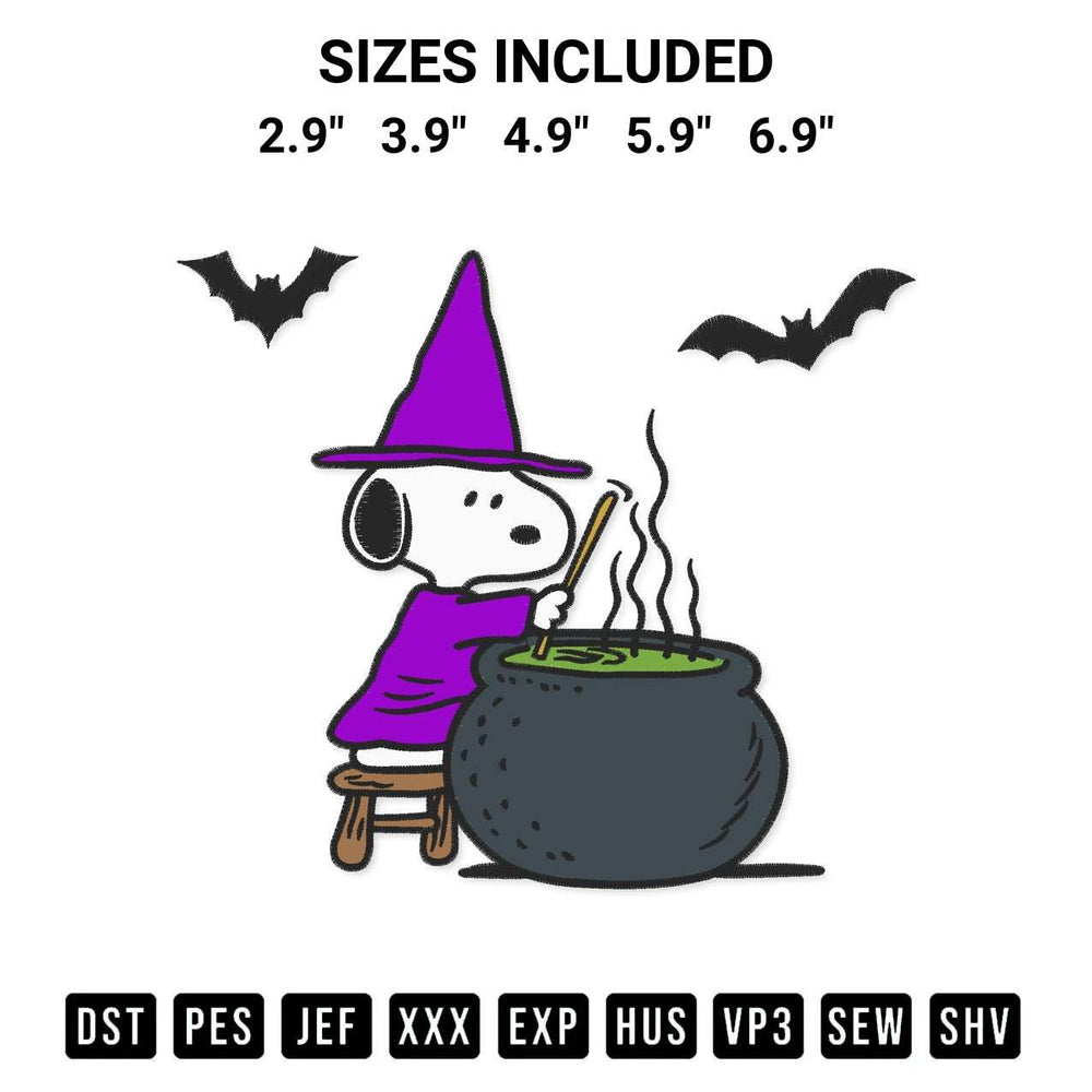 Stitch like a pro with the Snoopy Making A Halloween Potion Embroidery Design embroidery pattern from Designspacks.com. High-quality digital machine embroidery file. Available sizes: 2.9", 3.9", 4.9", 5.9", 6.9".