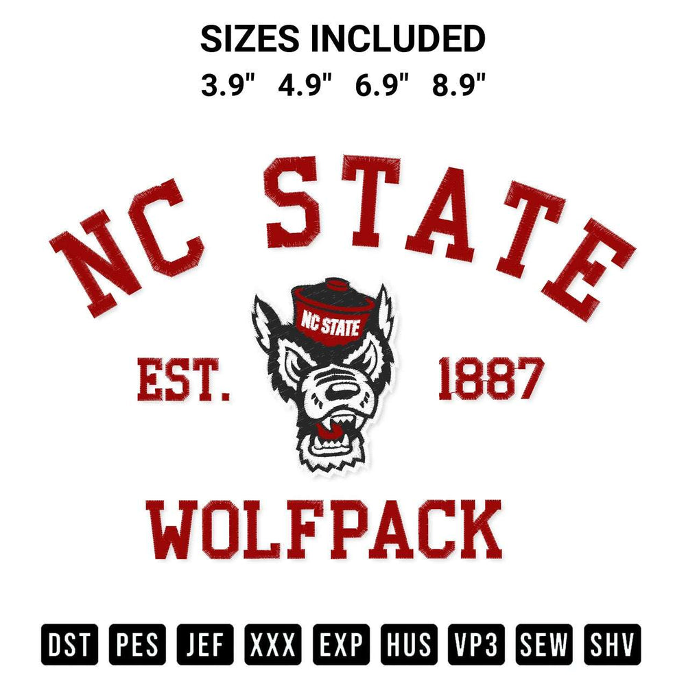 Stitch like a pro with the Nc State Wolfpack Est 1887 Embroidery Design embroidery pattern from Designspacks.com. High-quality digital machine embroidery file. Available sizes: 3.9", 4.9", 6.9", 8.9".