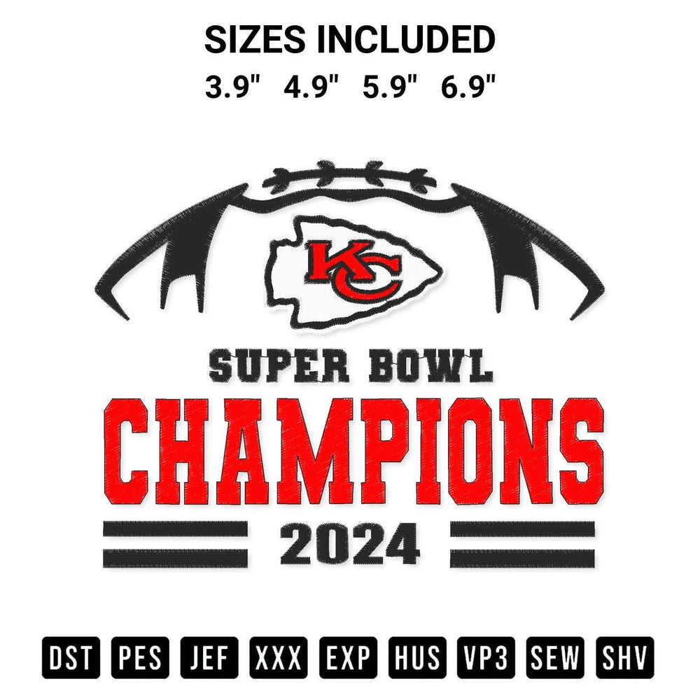 Get the Kansas City Chiefs Super Bowl Champions 2024 Embroidery Design embroidery design for your custom crafts! Premium digitized files available for instant download at Designspacks.com. Available sizes: 3.9", 4.9", 5.9", 6.9".
