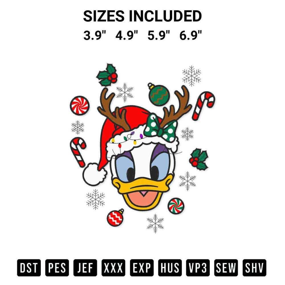 Get the Daisy Duck Face Reindeer Christmas Embroidery Design embroidery design for your custom crafts! Premium digitized files available for instant download at Designspacks.com. Available sizes: 3.9", 4.9", 5.9", 6.9".
