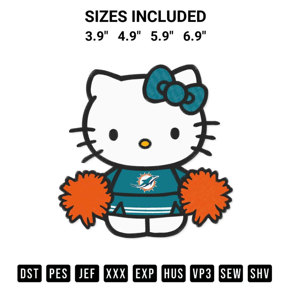 Elevate your next project with our Miami Dolphins Hello Kitty Cheerleader Embroidery Design embroidery file. Shop high-quality digital patterns instantly at Designspacks.com. Available sizes: 3.9", 4.9", 5.9", 6.9".