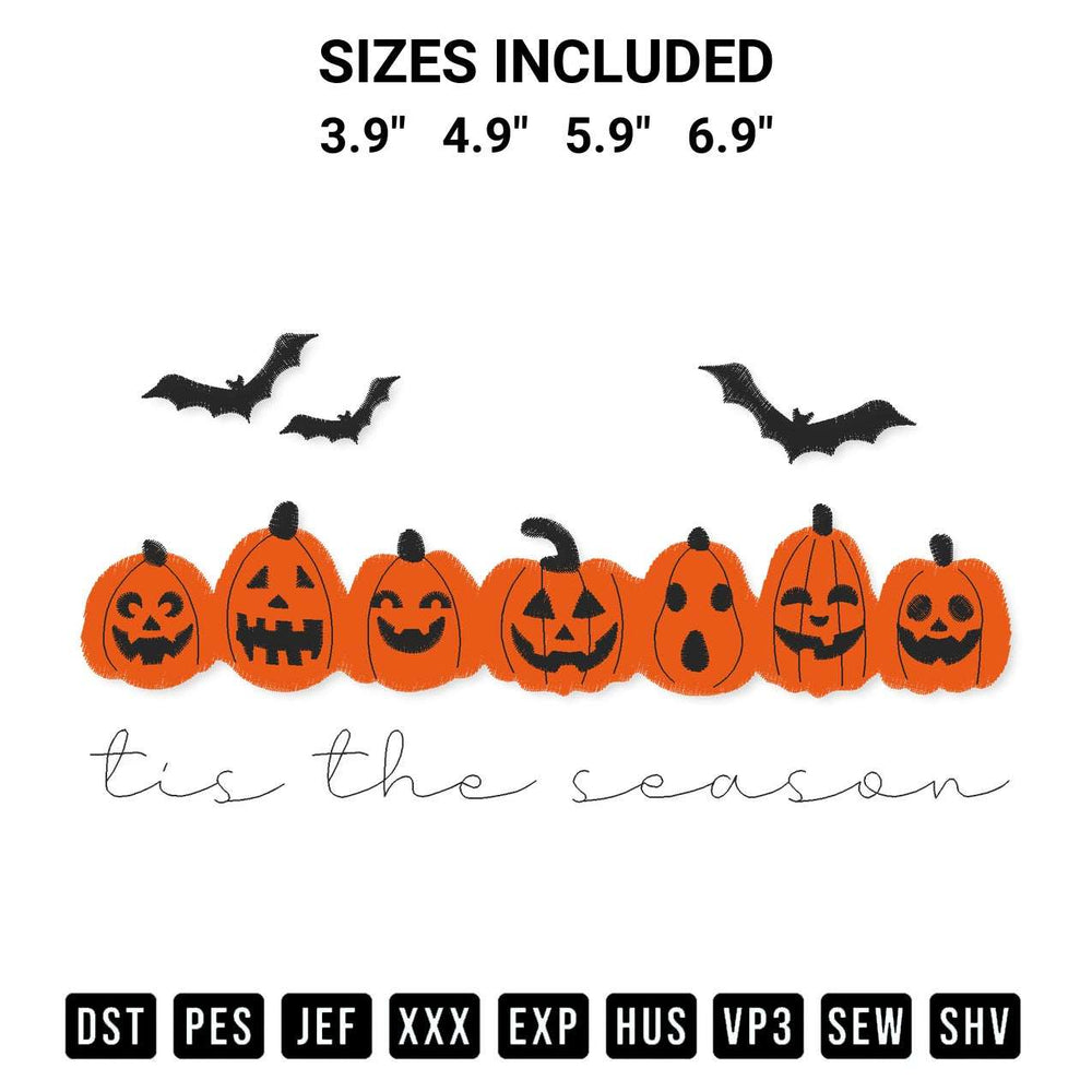 Add a unique touch to your apparel with the Tis The Season Halloween Embroidery Design embroidery file. Premium instant download available now on Designspacks.com. Available sizes: 3.9", 4.9", 5.9", 6.9".