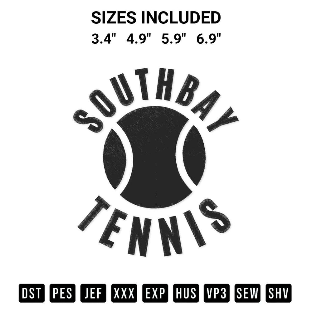 Create amazing crafts with the Southbay Tennis Embroidery Design embroidery file. High-quality digital download from Designspacks.com, perfect for beginners and pros. Available sizes: 3.4", 4.9", 5.9", 6.9".