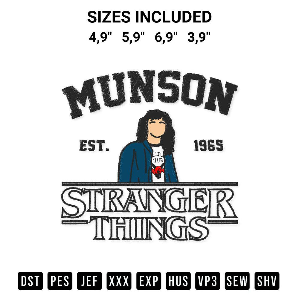 Create amazing crafts with the Eddie Munson Stranger Things Logo Embroidery Design embroidery file. High-quality digital download from Designspacks.com, perfect for beginners and pros. Available sizes: 4,9", 5,9", 6,9", 3,9".