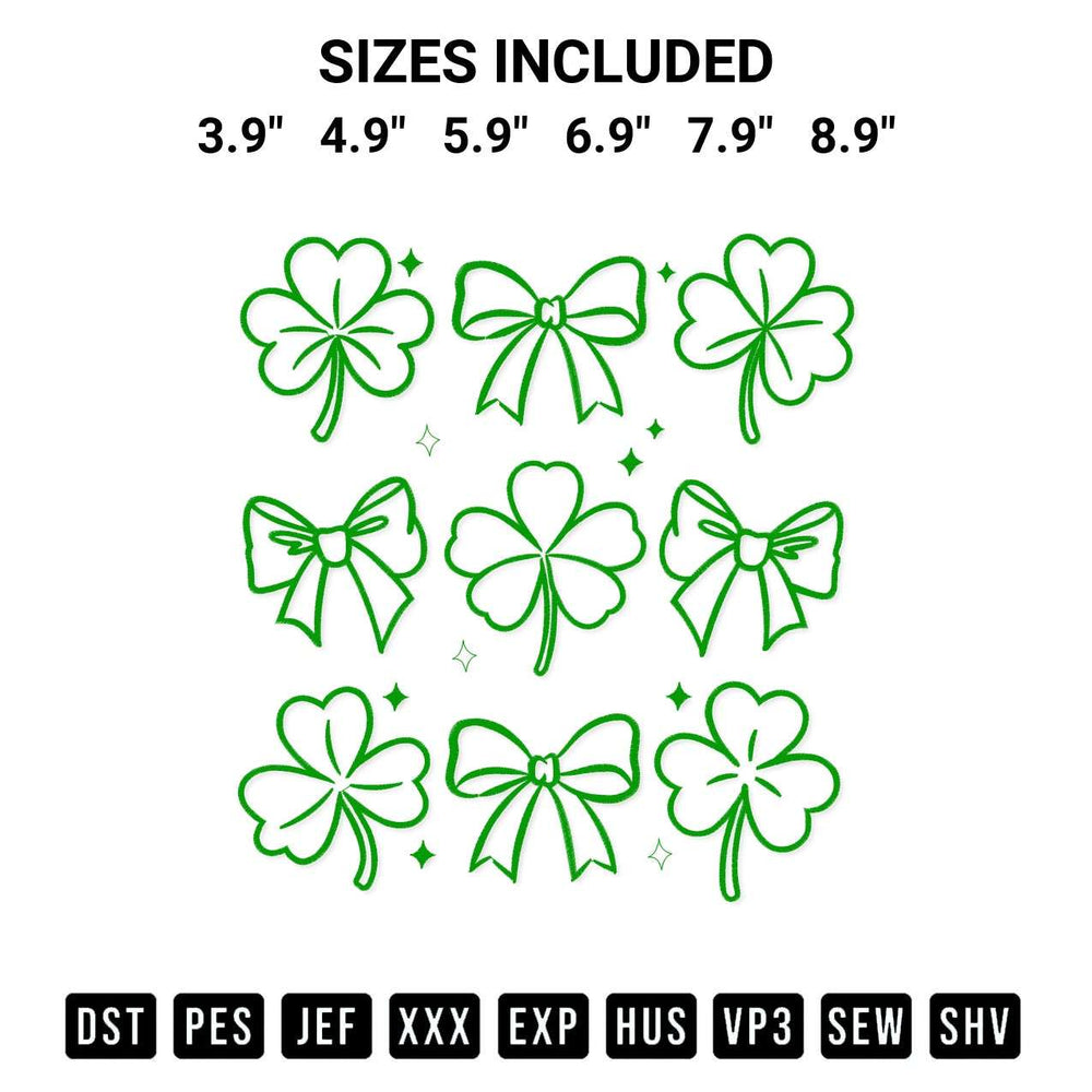 Add a unique touch to your apparel with the Patricks Day Lucky Bow And Clover Embroidery Design embroidery file. Premium instant download available now on Designspacks.com. Available sizes: 3.9", 4.9", 5.9", 6.9", 7.9", 8.9".