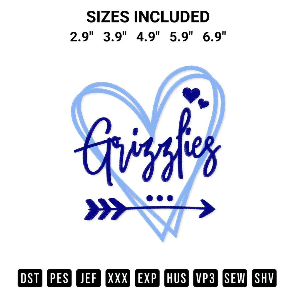 Discover the perfect addition to your crafting collection: Memphis Grizzlies Heart Embroidery Design embroidery file. Instantly available at Designspacks.com. Available sizes: 2.9", 3.9", 4.9", 5.9", 6.9".