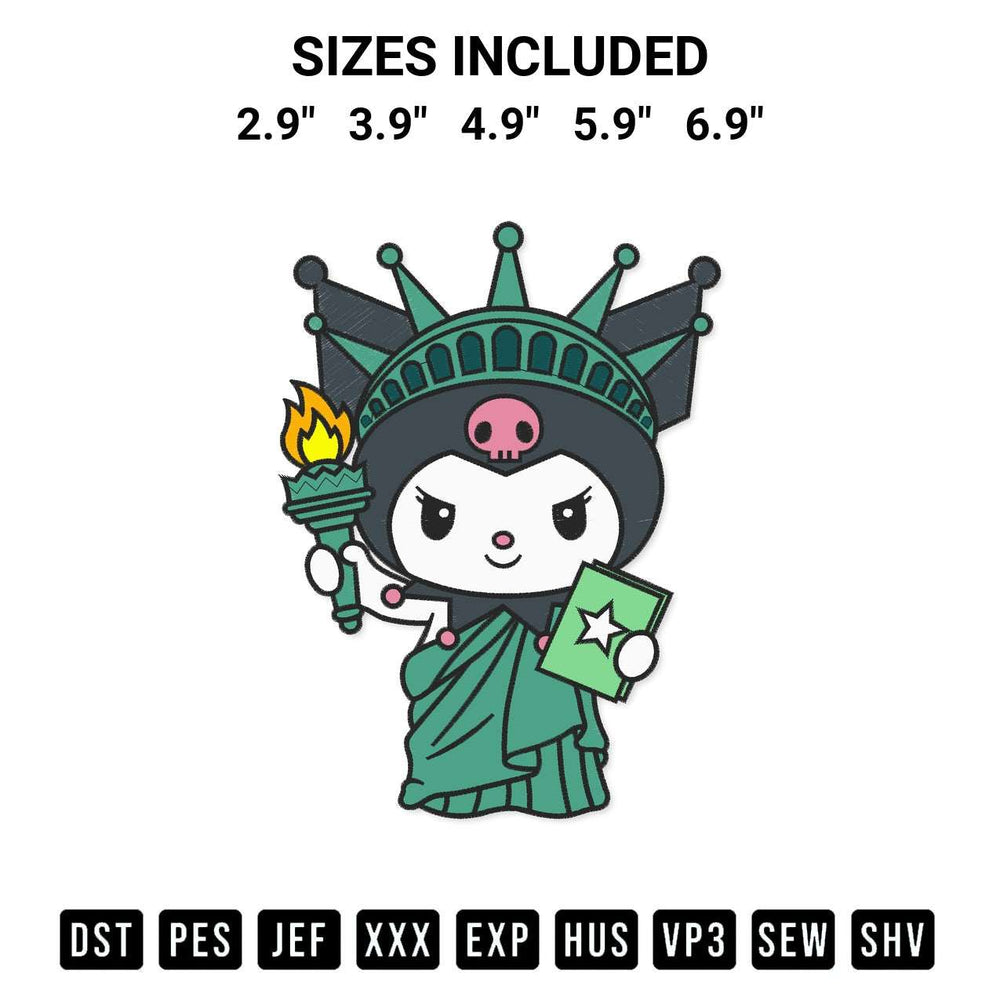 Stitch like a pro with the Kuromi Statue Of Liberty Embroidery Design embroidery pattern from Designspacks.com. High-quality digital machine embroidery file. Available sizes: 2.9", 3.9", 4.9", 5.9", 6.9".