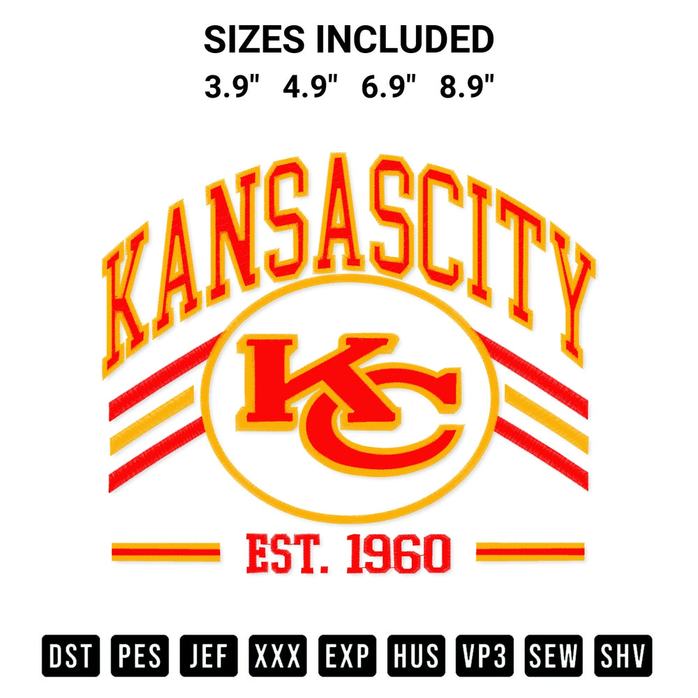 Create amazing crafts with the Kansas City Est. 1960 Vintage Embroidery Design embroidery file. High-quality digital download from Designspacks.com, perfect for beginners and pros. Available sizes: 3.9", 4.9", 6.9", 8.9".