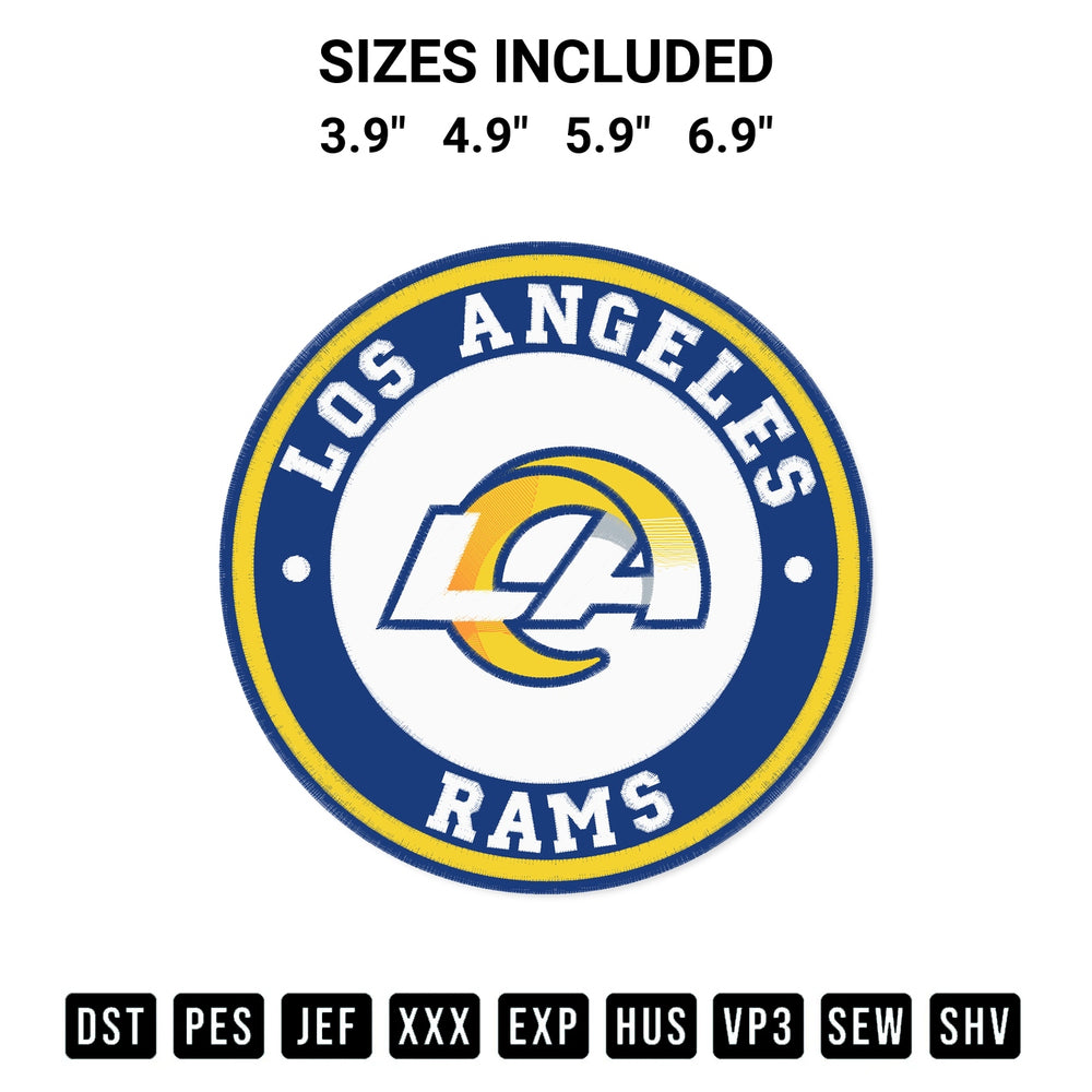 Download the Los Angeles Rams Circle Logo Embroidery Design machine embroidery design exclusively at Designspacks.com. Premium digitized pattern for apparel and DIY crafts. Available sizes: 3.9", 4.9", 5.9", 6.9".