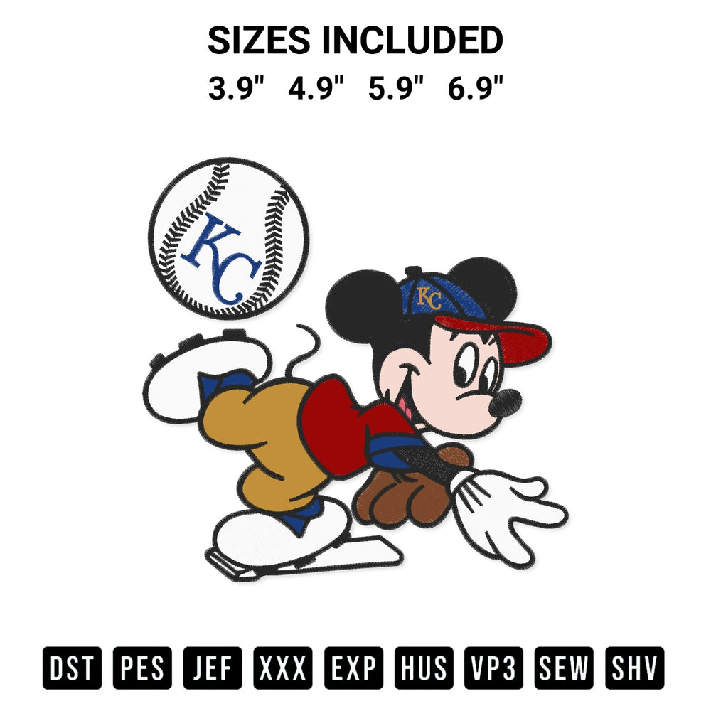 Stitch like a pro with the Baseball Kansas City Royals Mickey Mouse Embroidery Design embroidery pattern from Designspacks.com. High-quality digital machine embroidery file. Available sizes: 3.9", 4.9", 5.9", 6.9".