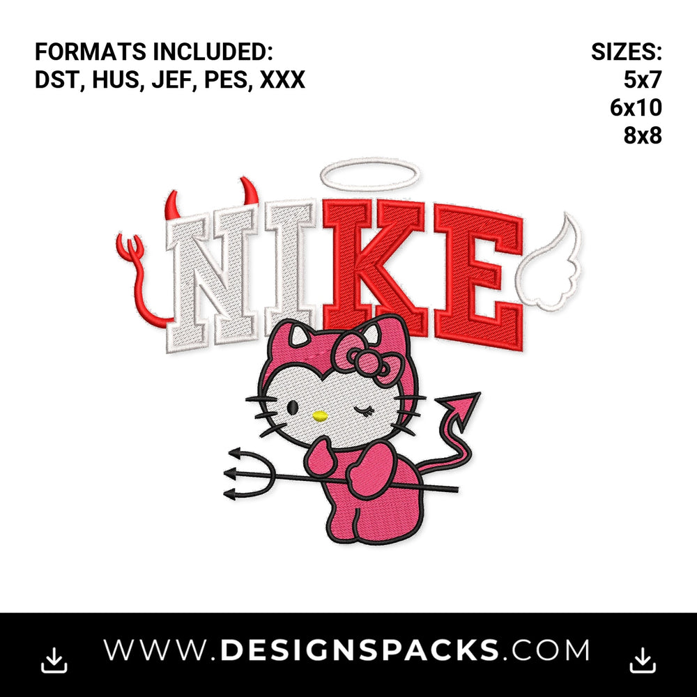 Pink Devil Hello Kitty Angel Nike Logo Embroidery Design - Instant digital download pattern at Designspacks.com