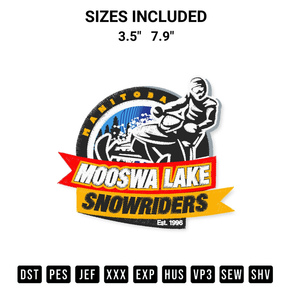 Looking for the perfect pattern? Download the Mooswa Lake Snowriders Est 1996 Embroidery Design embroidery design today at Designspacks.com. Crisp, clean stitching guaranteed. Available sizes: 3.5", 7.9".