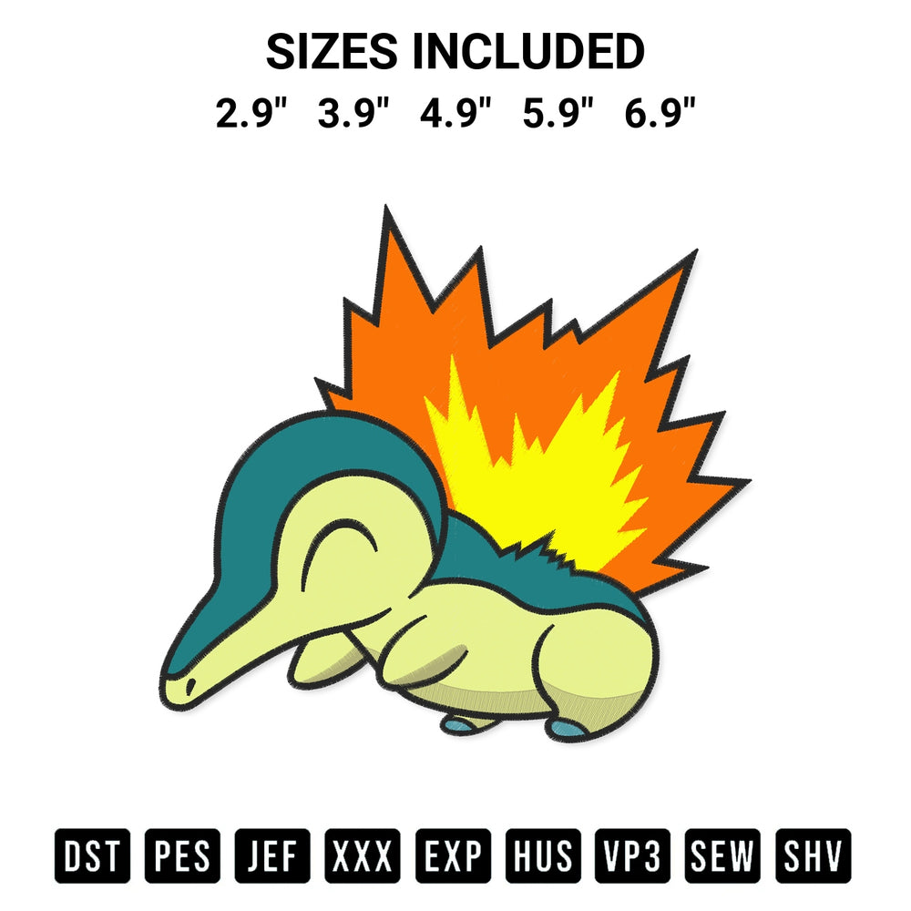 Add a unique touch to your apparel with the Cyndaquil Pokemon Embroidery Design embroidery file. Premium instant download available now on Designspacks.com. Available sizes: 2.9", 3.9", 4.9", 5.9", 6.9".