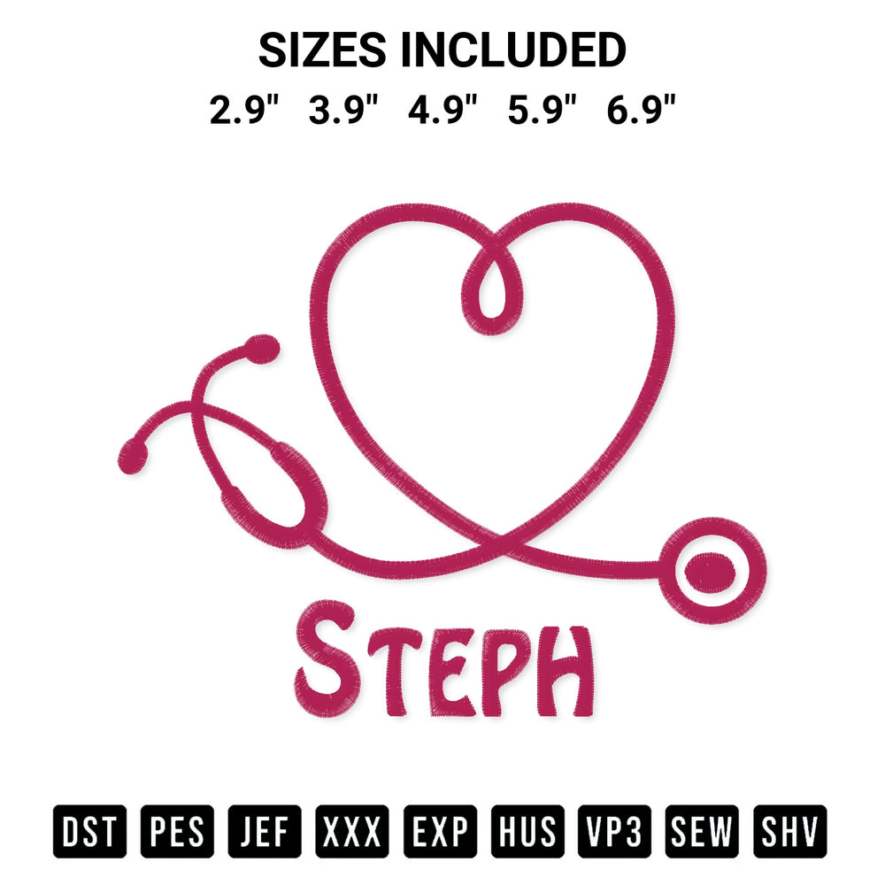 Shop the Steph Nurse Stethoscope Embroidery Design machine embroidery pattern at Designspacks.com. Beautifully digitized for flawless stitching on any fabric. Available sizes: 2.9", 3.9", 4.9", 5.9", 6.9".