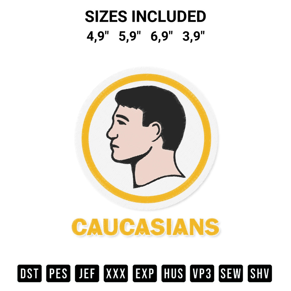 Create amazing crafts with the Caucasians Funny Vintage Caucasians Pride Logo Embroidery Design embroidery file. High-quality digital download from Designspacks.com, perfect for beginners and pros. Available sizes: 4,9", 5,9", 6,9", 3,9".