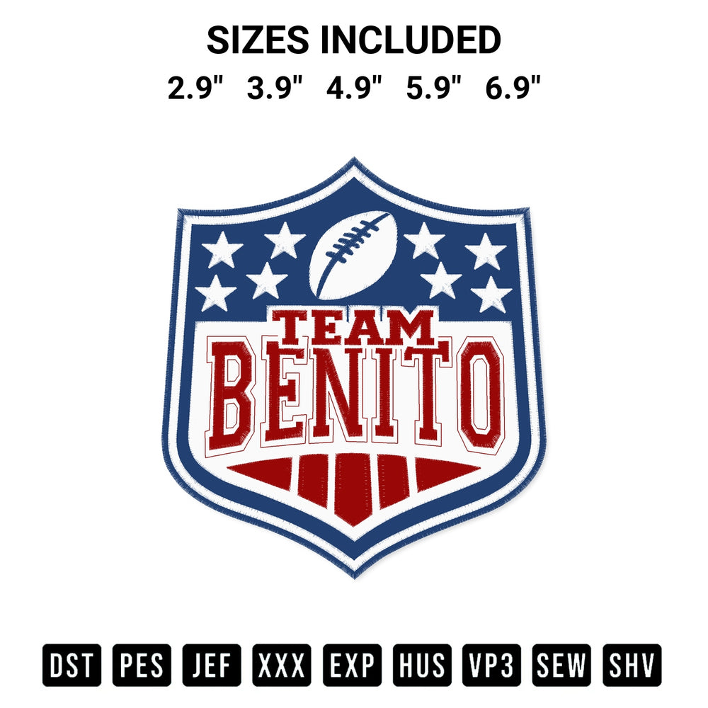 Discover the perfect addition to your crafting collection: Team Benito Embroidery Design embroidery file. Instantly available at Designspacks.com. Available sizes: 2.9", 3.9", 4.9", 5.9", 6.9".