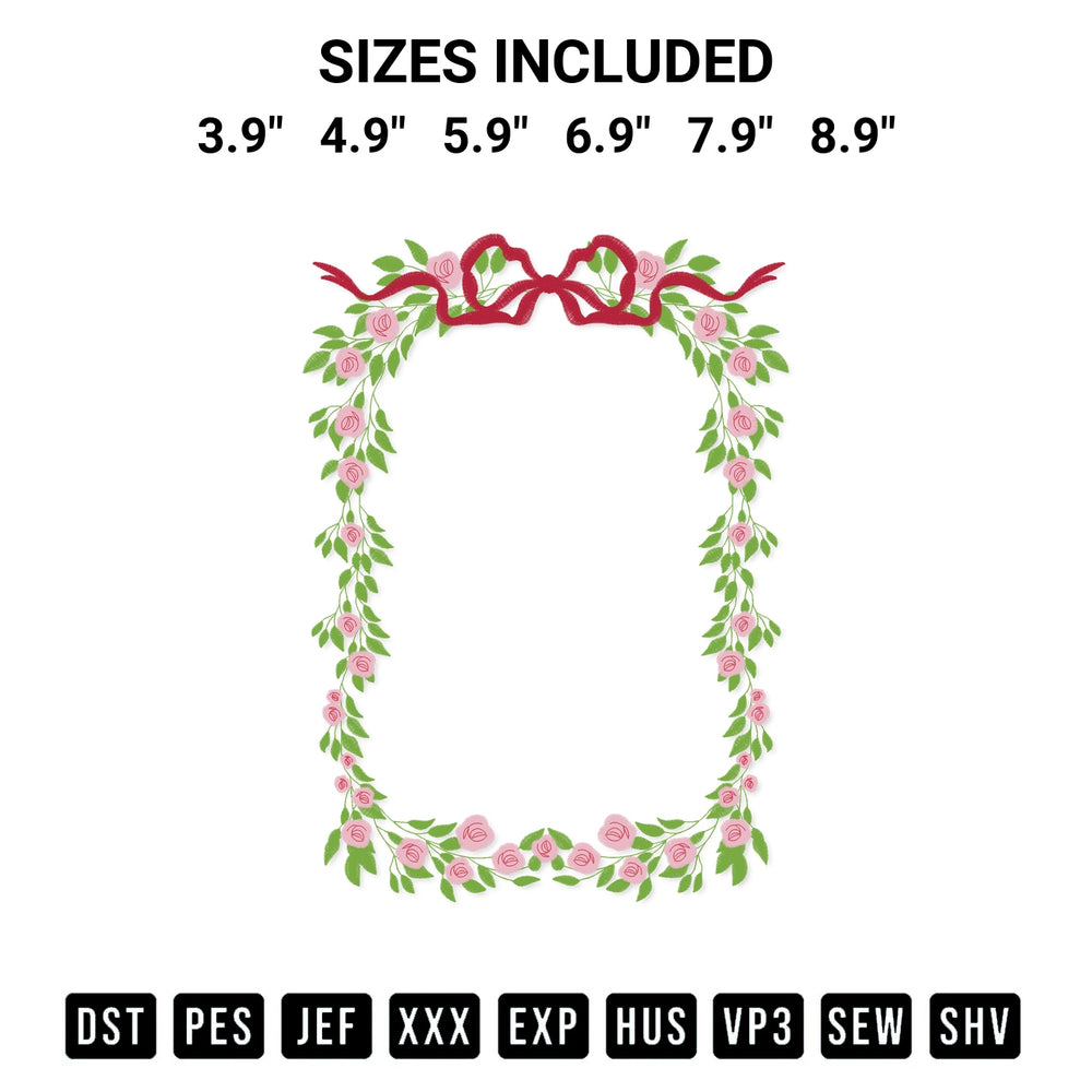 Create amazing crafts with the Bow And Little Flowers Frame Embroidery Design embroidery file. High-quality digital download from Designspacks.com, perfect for beginners and pros. Available sizes: 3.9", 4.9", 5.9", 6.9", 7.9", 8.9".