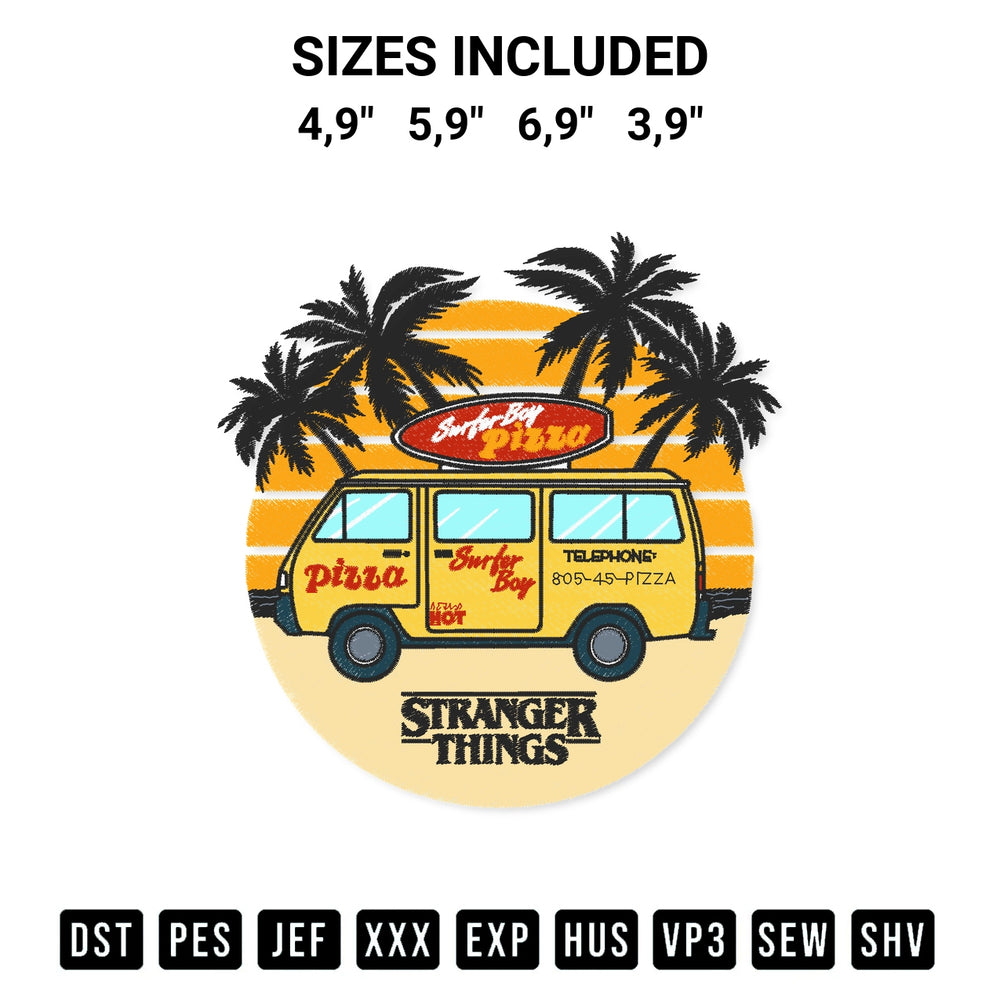 Looking for the perfect pattern? Download the Stranger Things Surfer Boy Pizza Logo Embroidery Design embroidery design today at Designspacks.com. Crisp, clean stitching guaranteed. Available sizes: 4,9", 5,9", 6,9", 3,9".