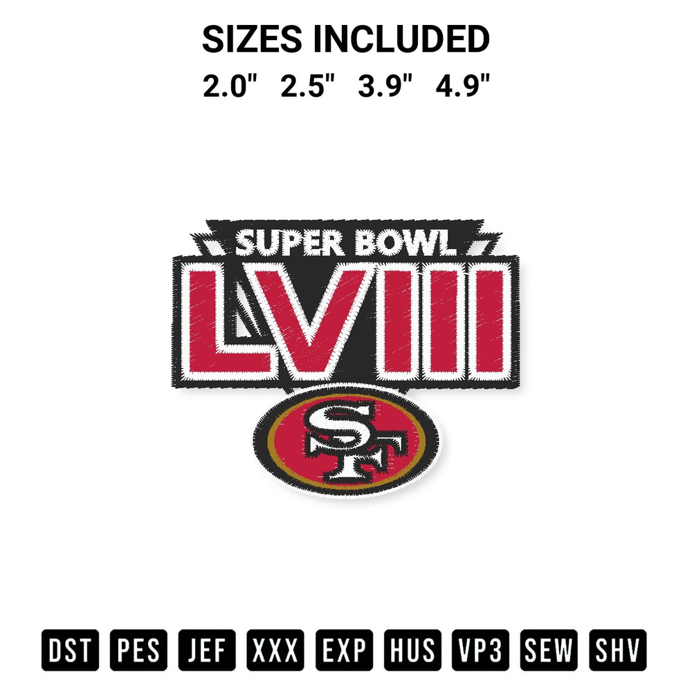 Get the Super Bowl Lviii Sf 49Ers Logo Embroidery Design embroidery design for your custom crafts! Premium digitized files available for instant download at Designspacks.com. Available sizes: 2.0", 2.5", 3.9", 4.9".