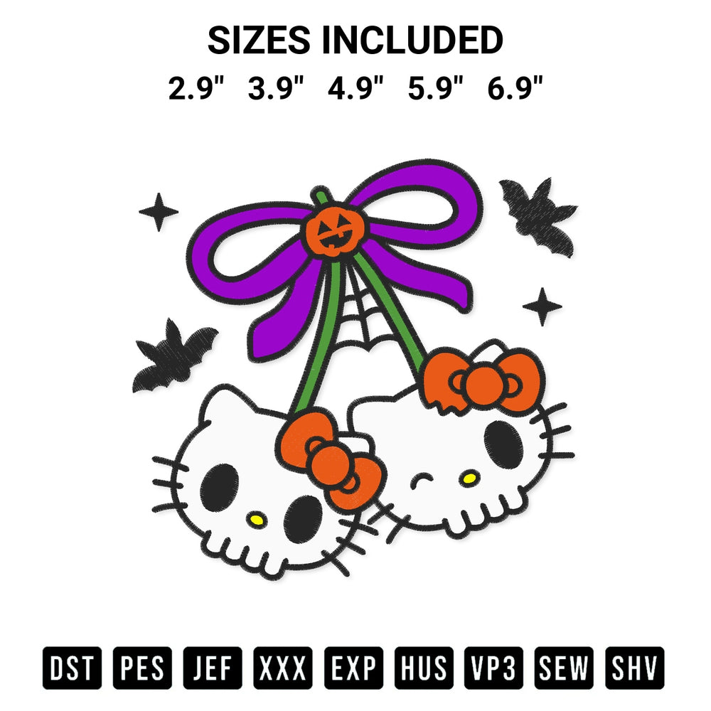 Stitch like a pro with the Skull Hello Kitty Bow Cherry Embroidery Design embroidery pattern from Designspacks.com. High-quality digital machine embroidery file. Available sizes: 2.9", 3.9", 4.9", 5.9", 6.9".
