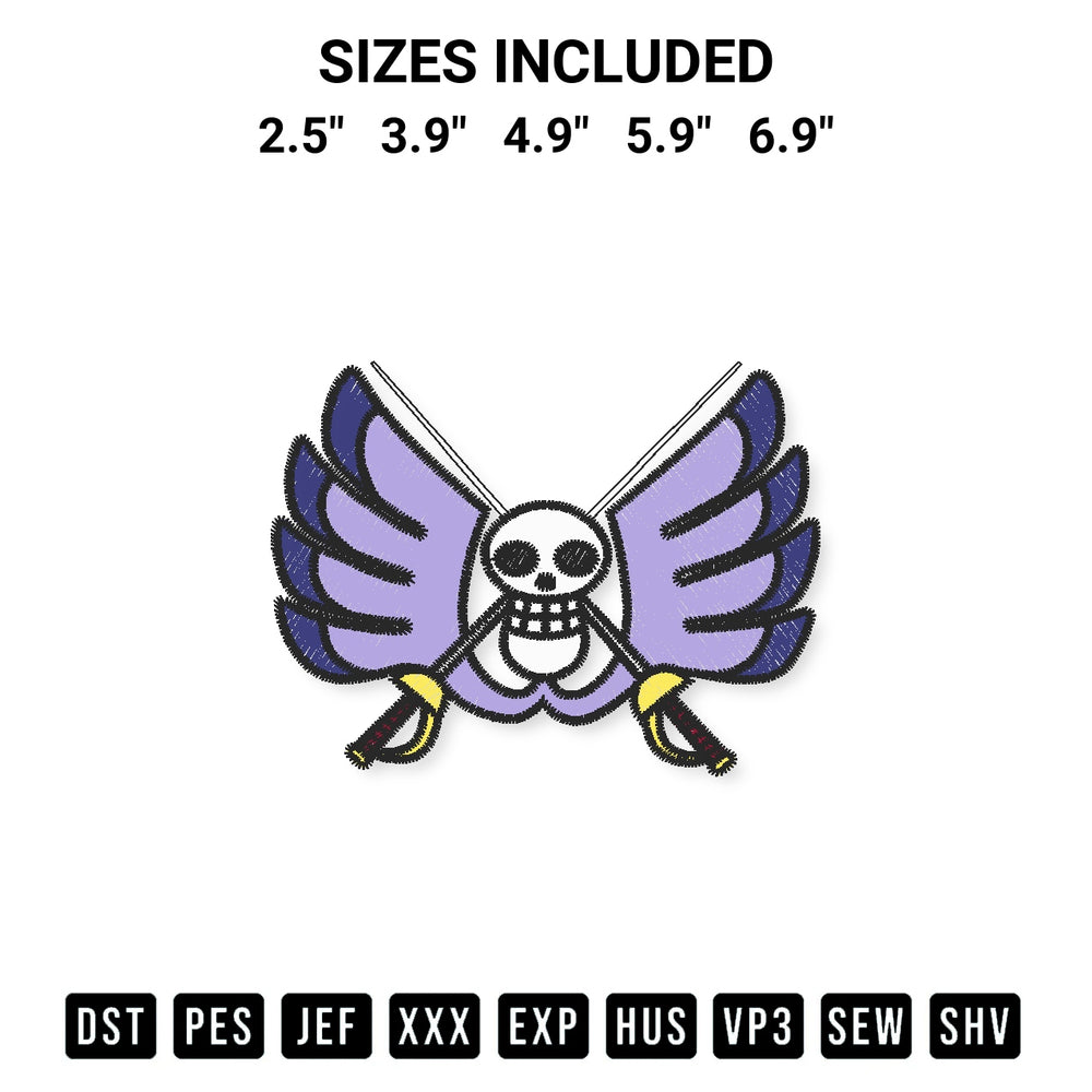 Discover the perfect addition to your crafting collection: Baroque Works Jolly Roger Embroidery Design embroidery file. Instantly available at Designspacks.com. Available sizes: 2.5", 3.9", 4.9", 5.9", 6.9".